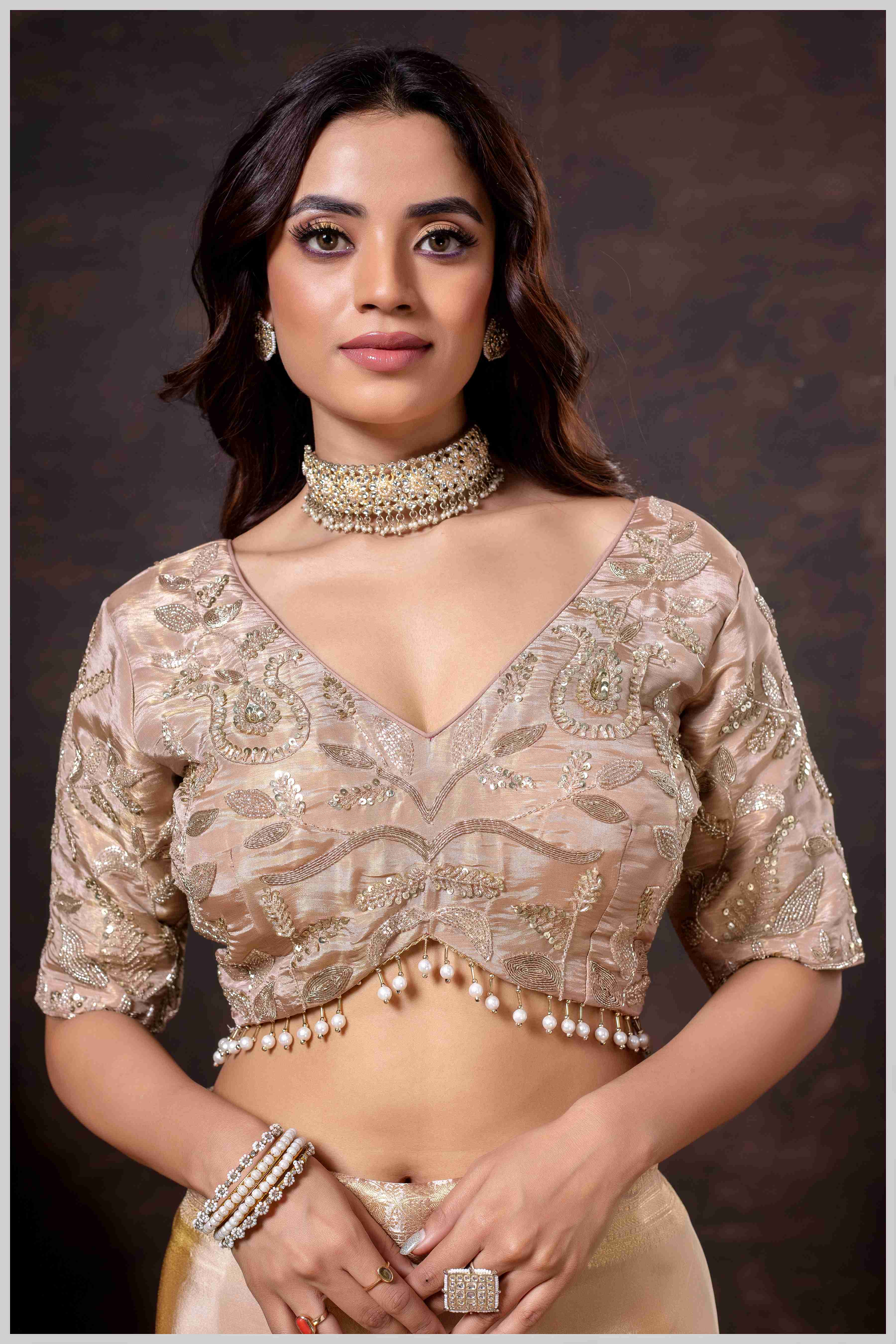 Elegant Beige Designer Tissue Saree with Embellished Blouse
