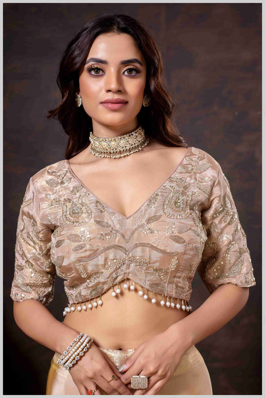 Elegant Beige Designer Tissue Saree with Embellished Blouse