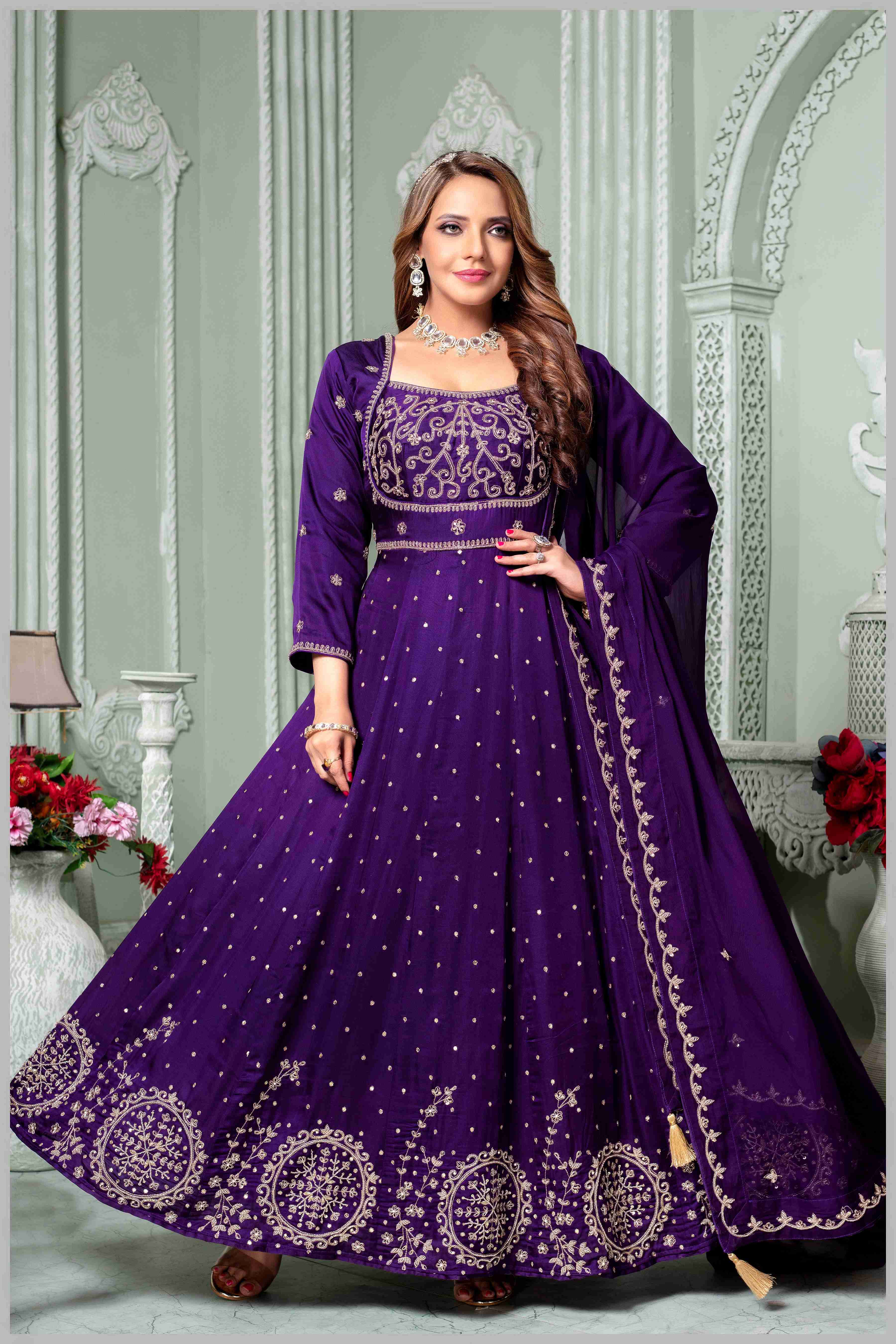 Royal Purple Embroidered Anarkali Set.