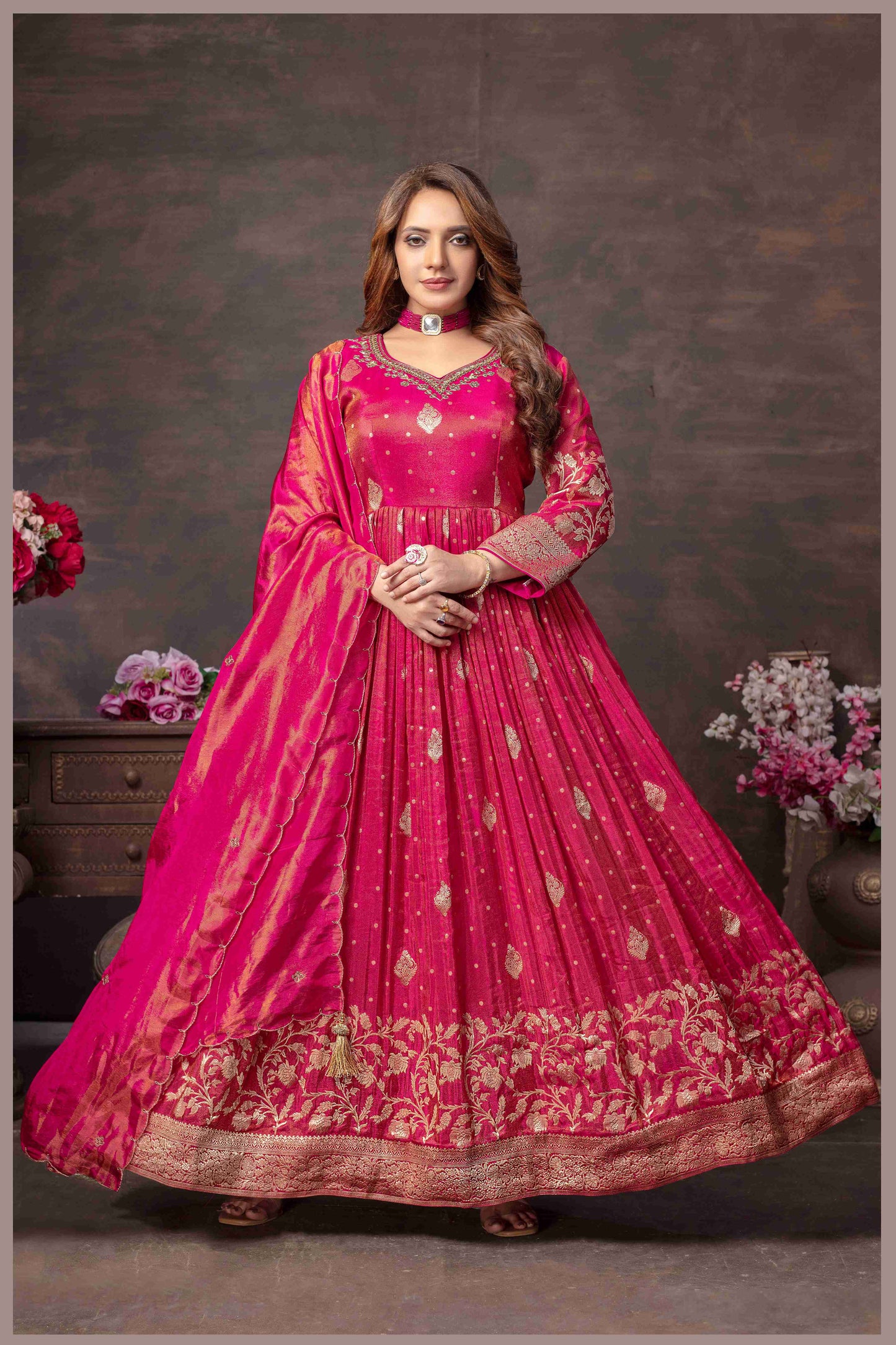 Pink Anarkali with Zari Floral Dupatta