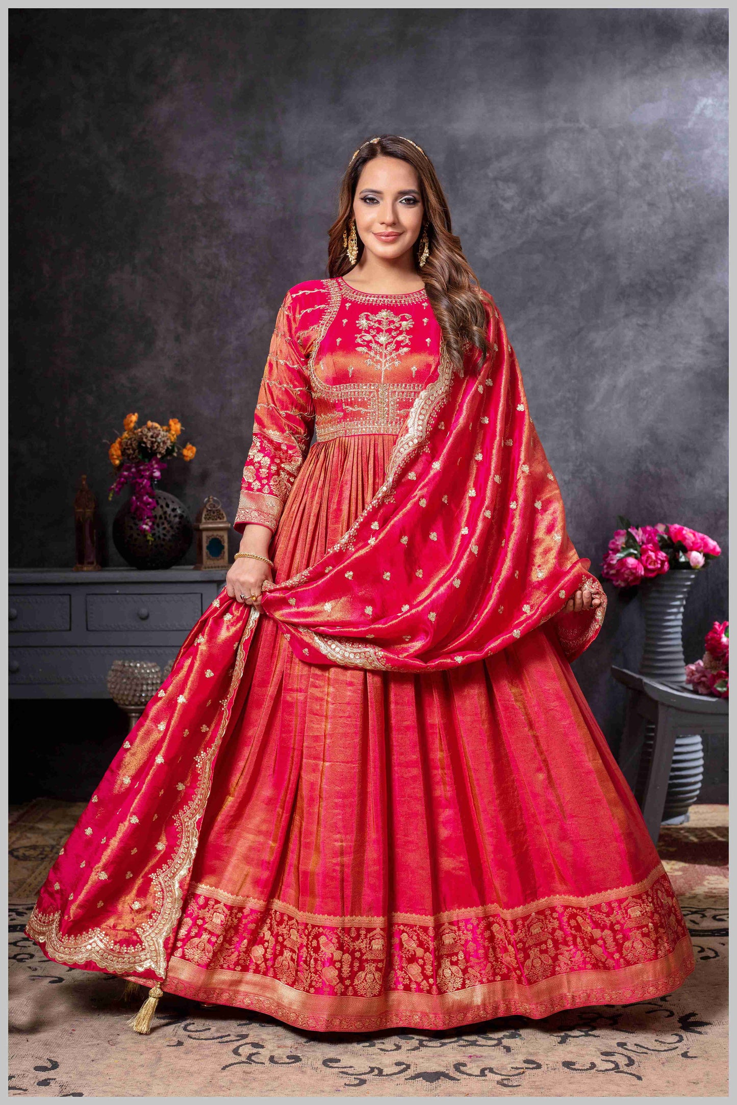 Pink Anarkali Gown with Zari Embroidered Dupatta