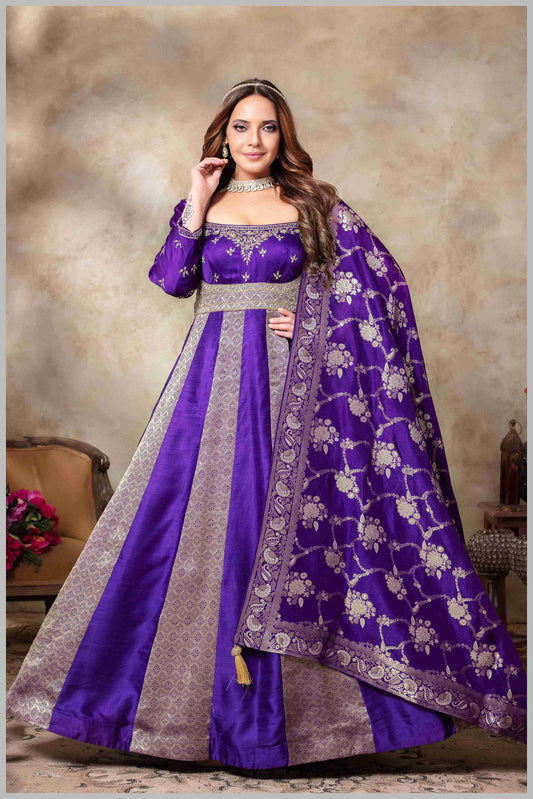 Royal Purple & Beige Striped Gown with Embroidered Dupatta