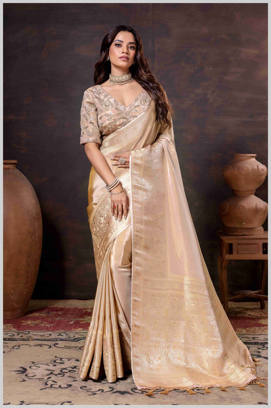 Elegant Beige Designer Tissue Saree with Embellished Blouse