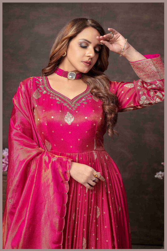 Pink Anarkali with Zari Floral Dupatta