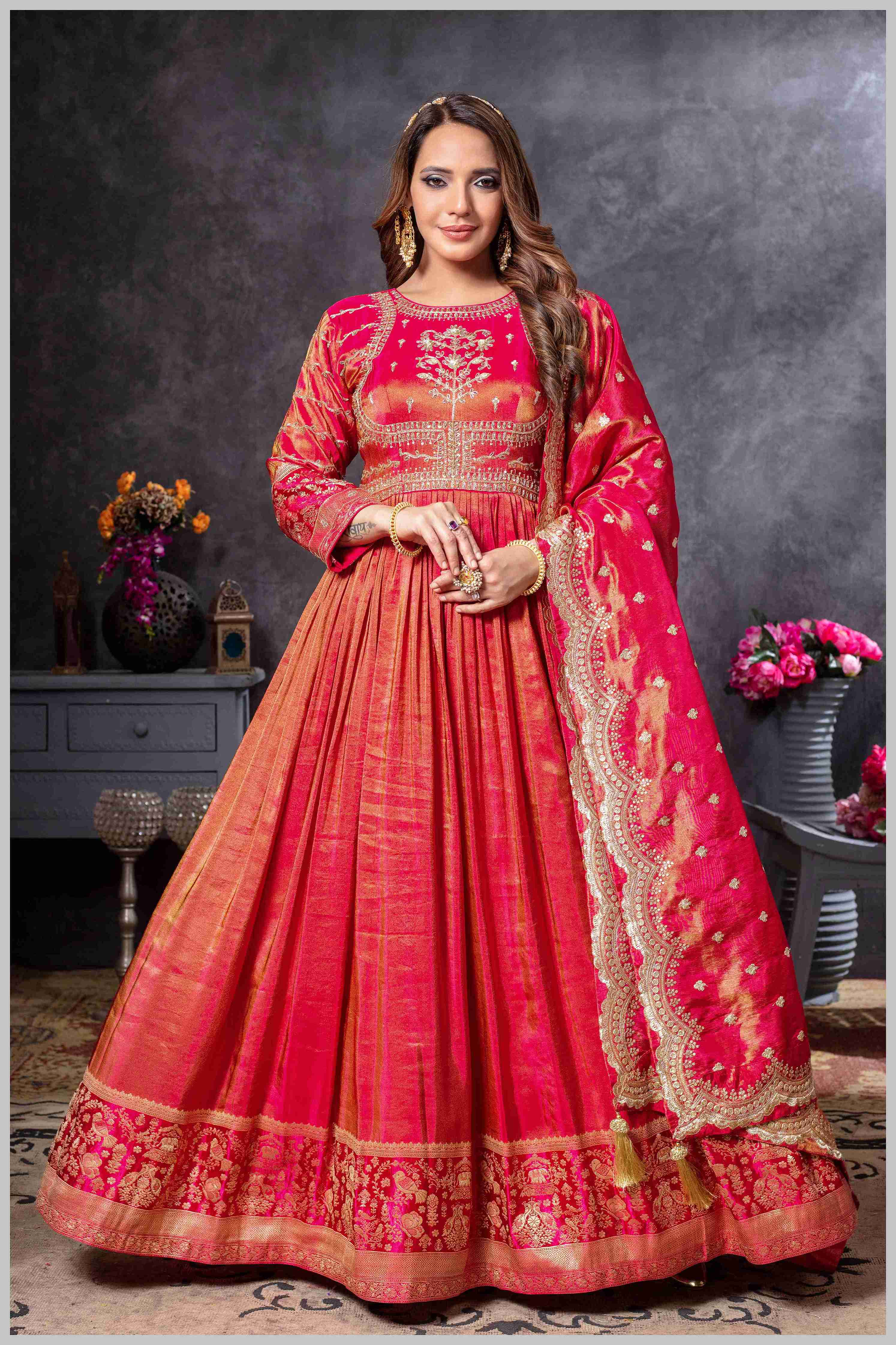 Pink Anarkali Gown with Zari Embroidered Dupatta