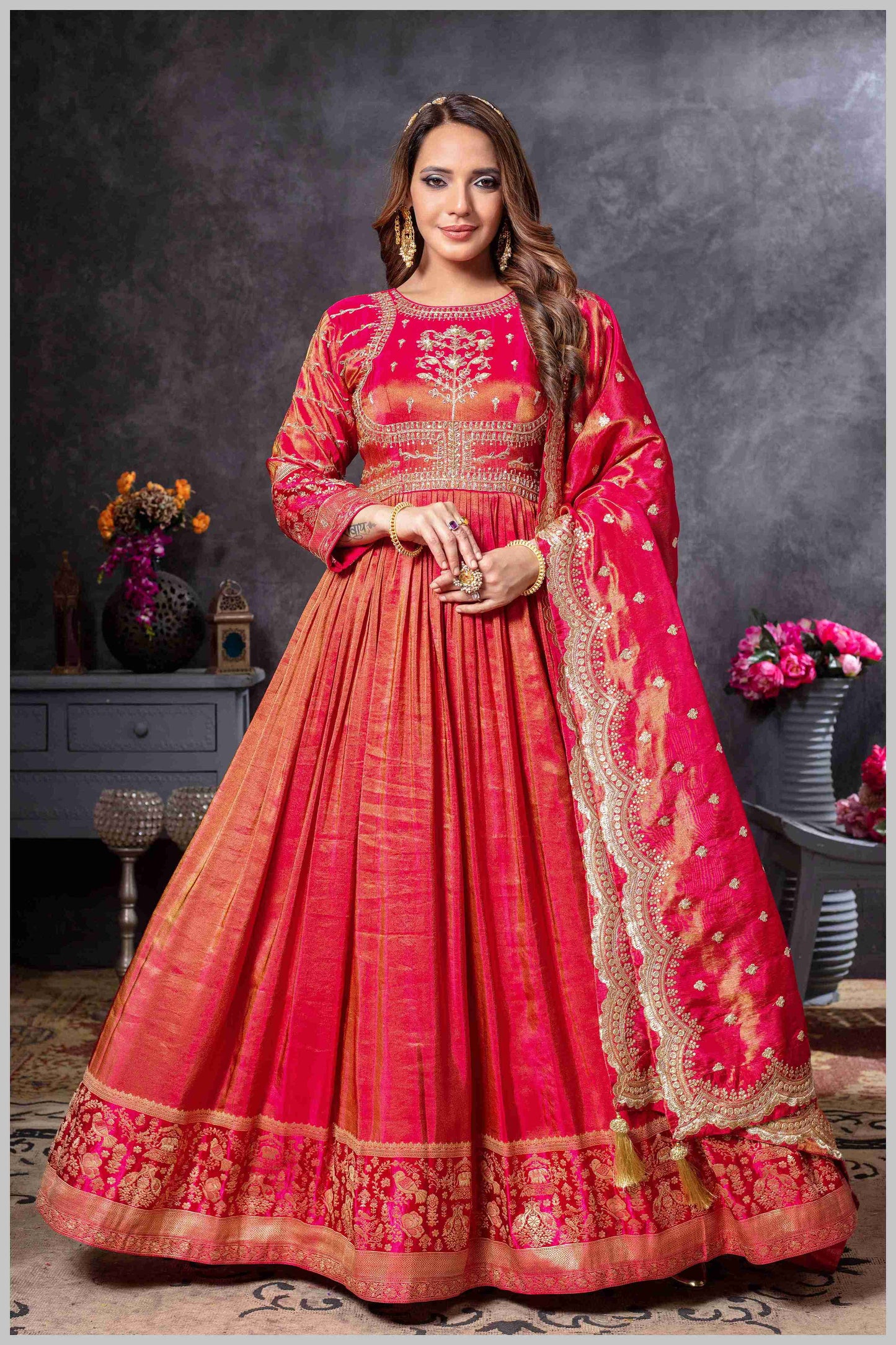 Pink Anarkali Gown with Zari Embroidered Dupatta