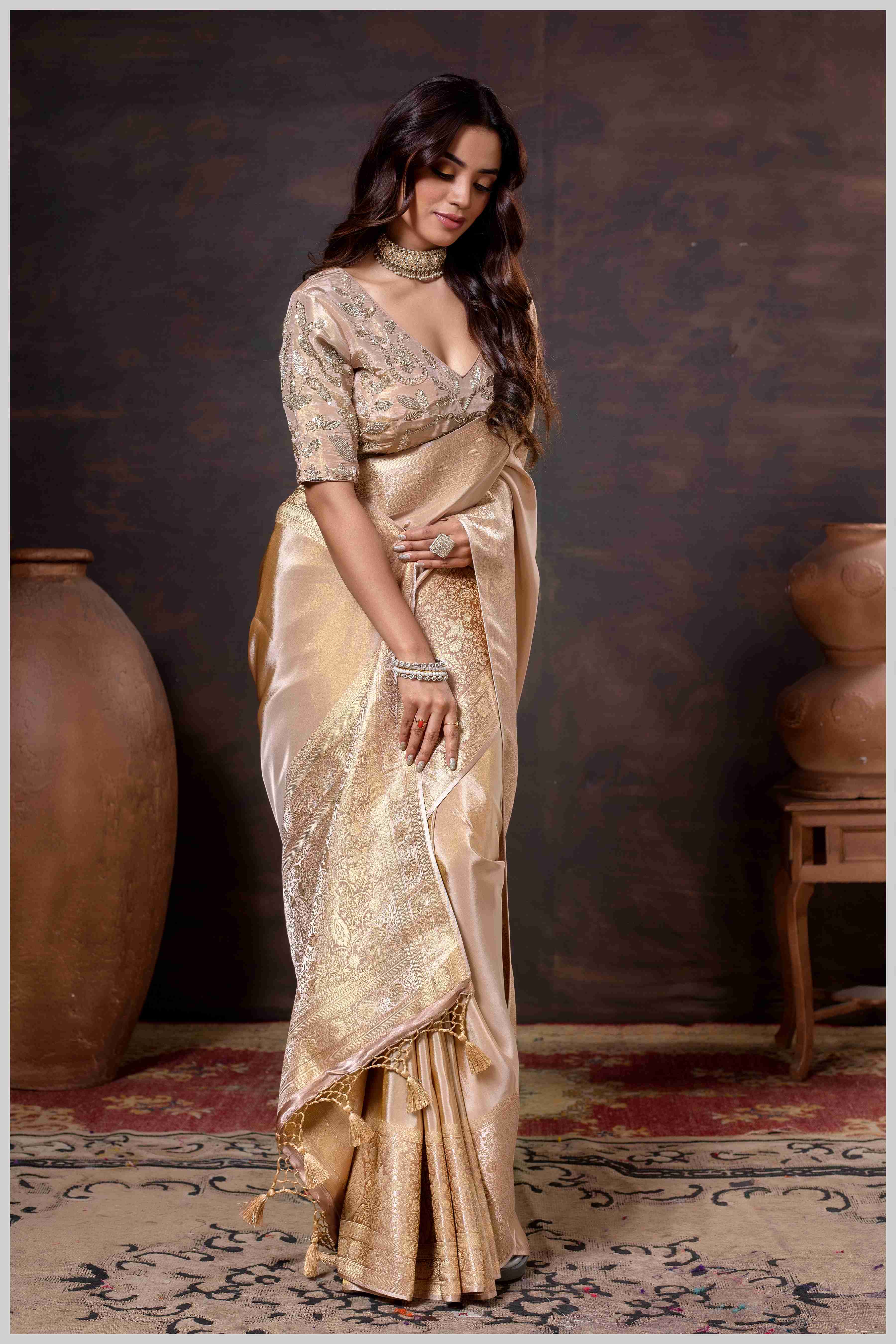 Elegant Beige Designer Tissue Saree with Embellished Blouse