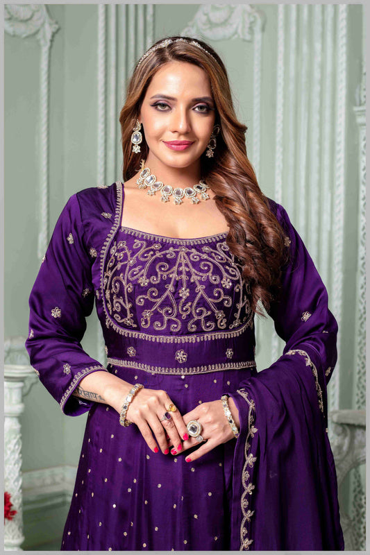 Royal Purple Embroidered Anarkali Set.