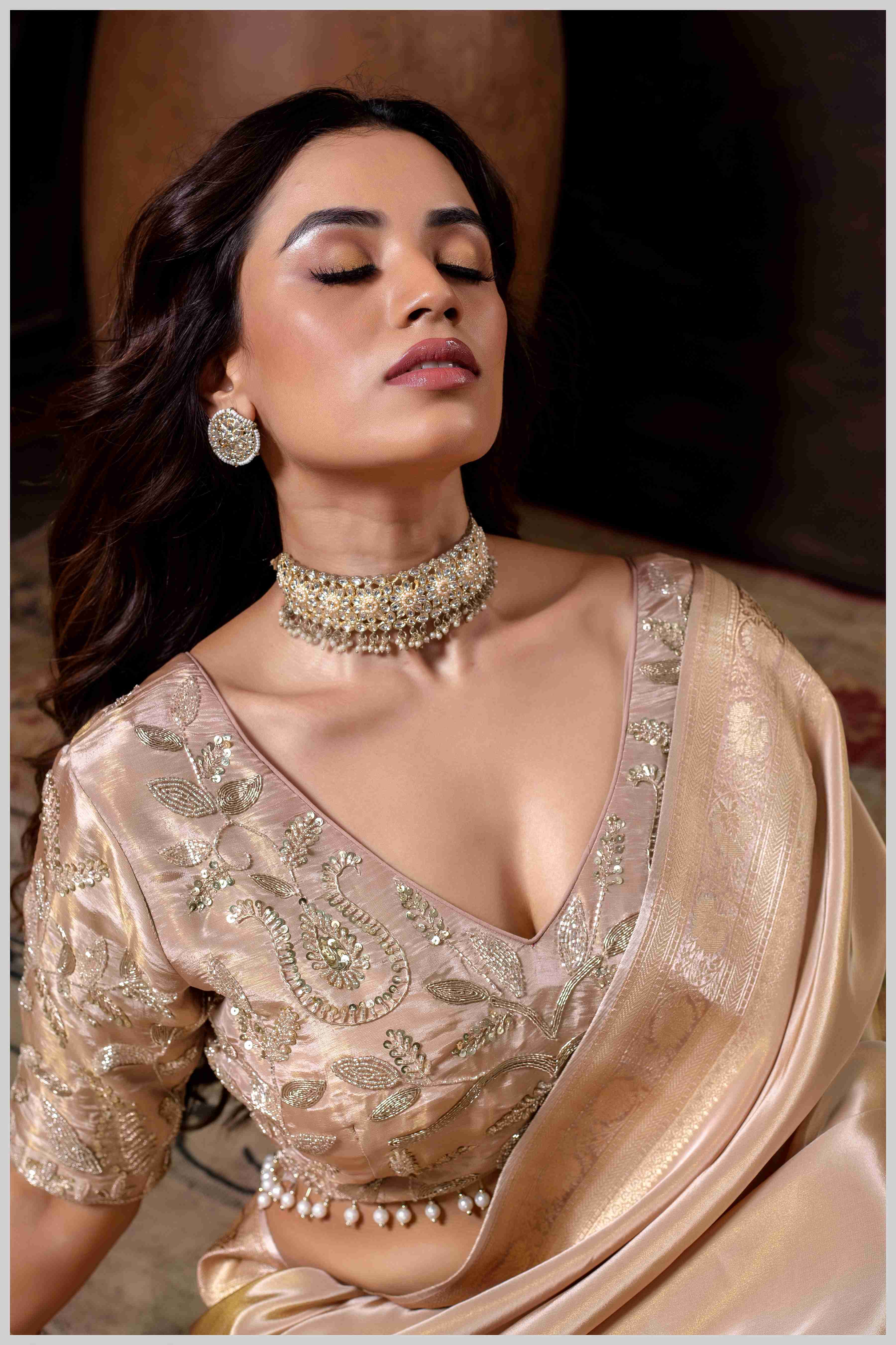 Elegant Beige Designer Tissue Saree with Embellished Blouse