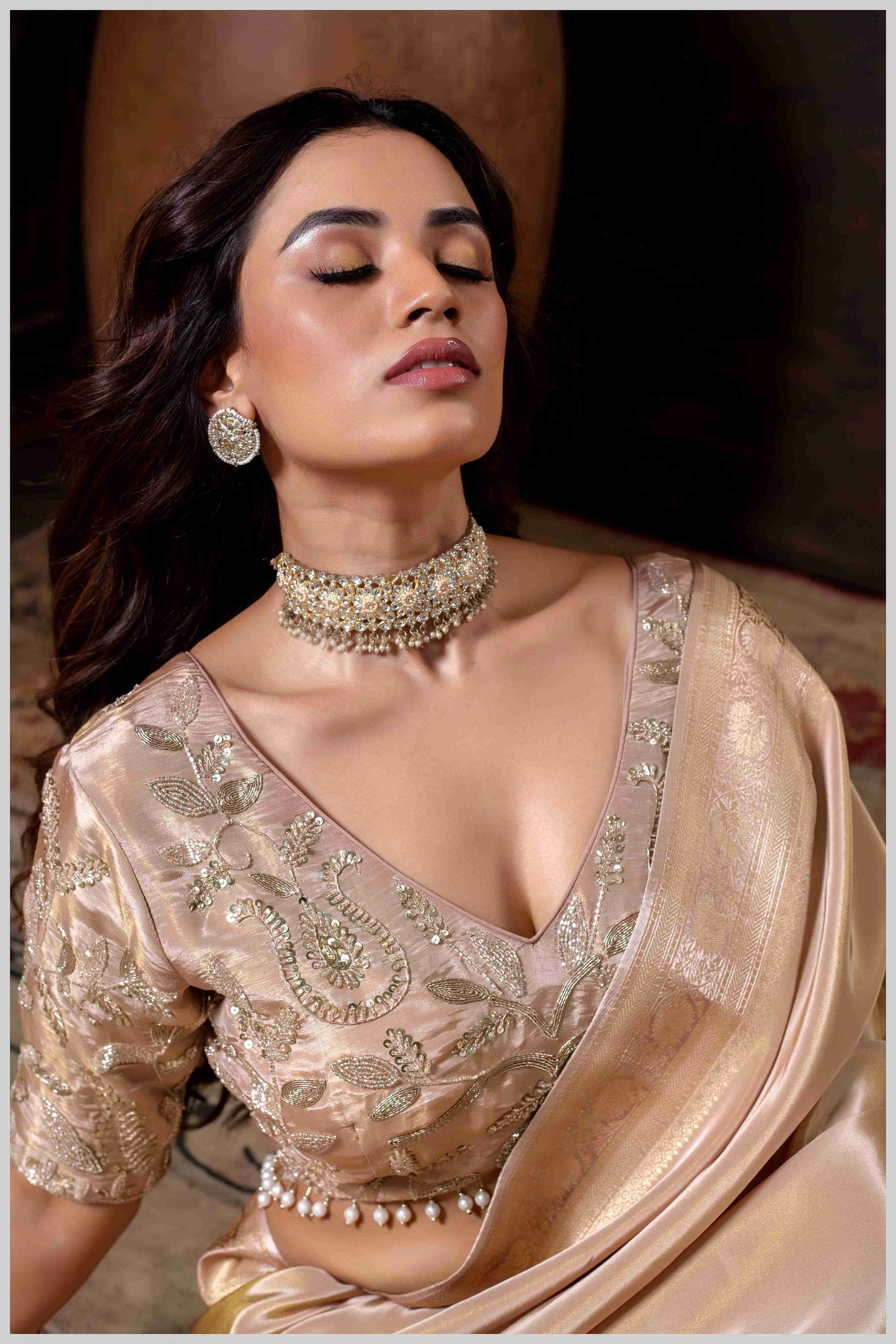 Elegant Beige Designer Tissue Saree with Embellished Blouse