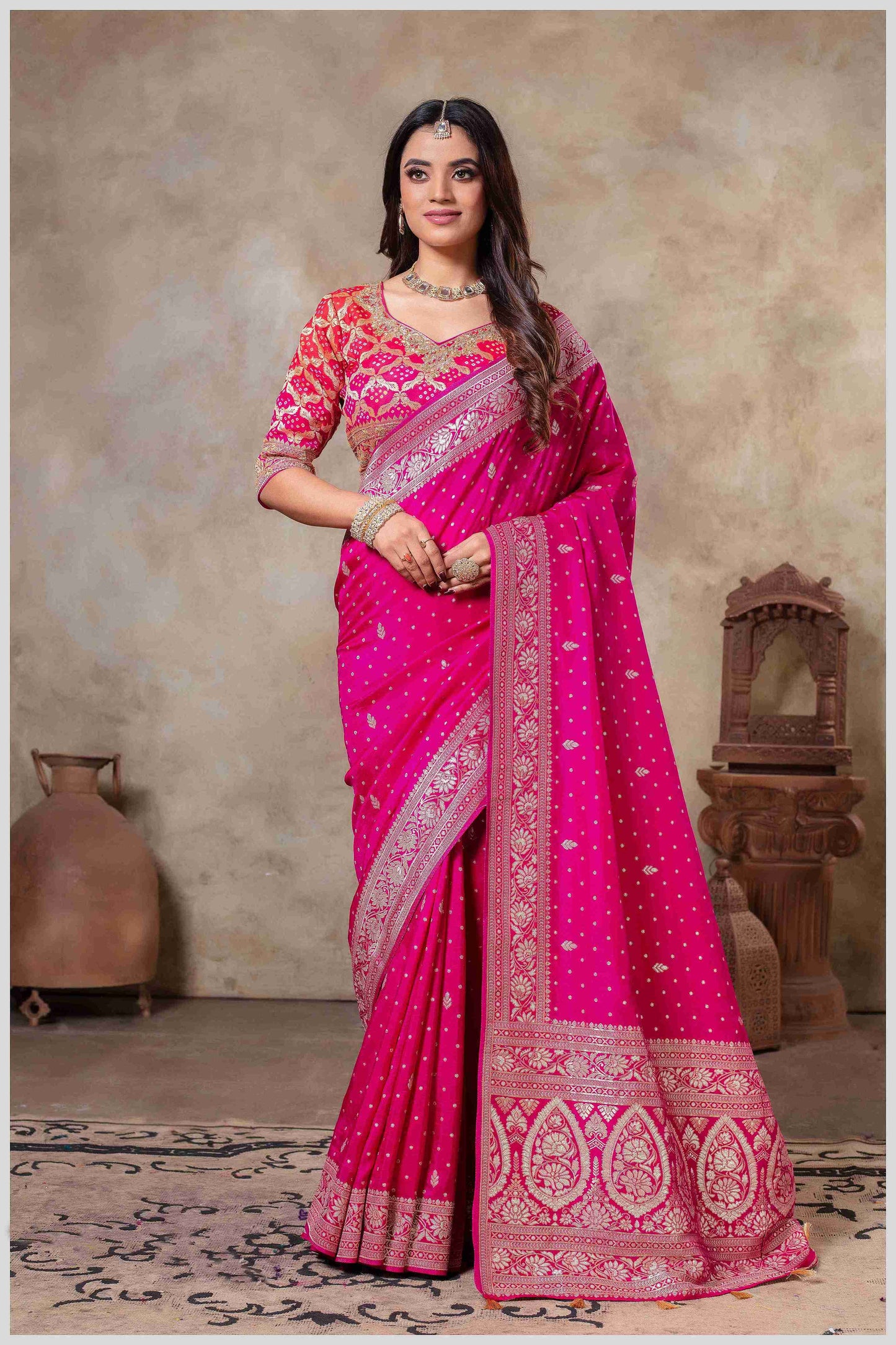 Royal Radiance: Pink Banarasi Saree with Silver Zari Detailing