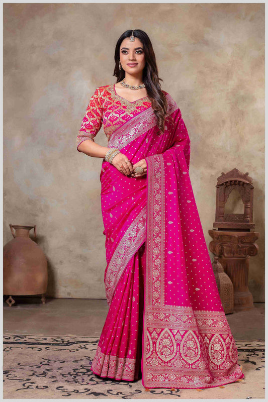 Royal Radiance: Pink Banarasi Saree with Silver Zari Detailing