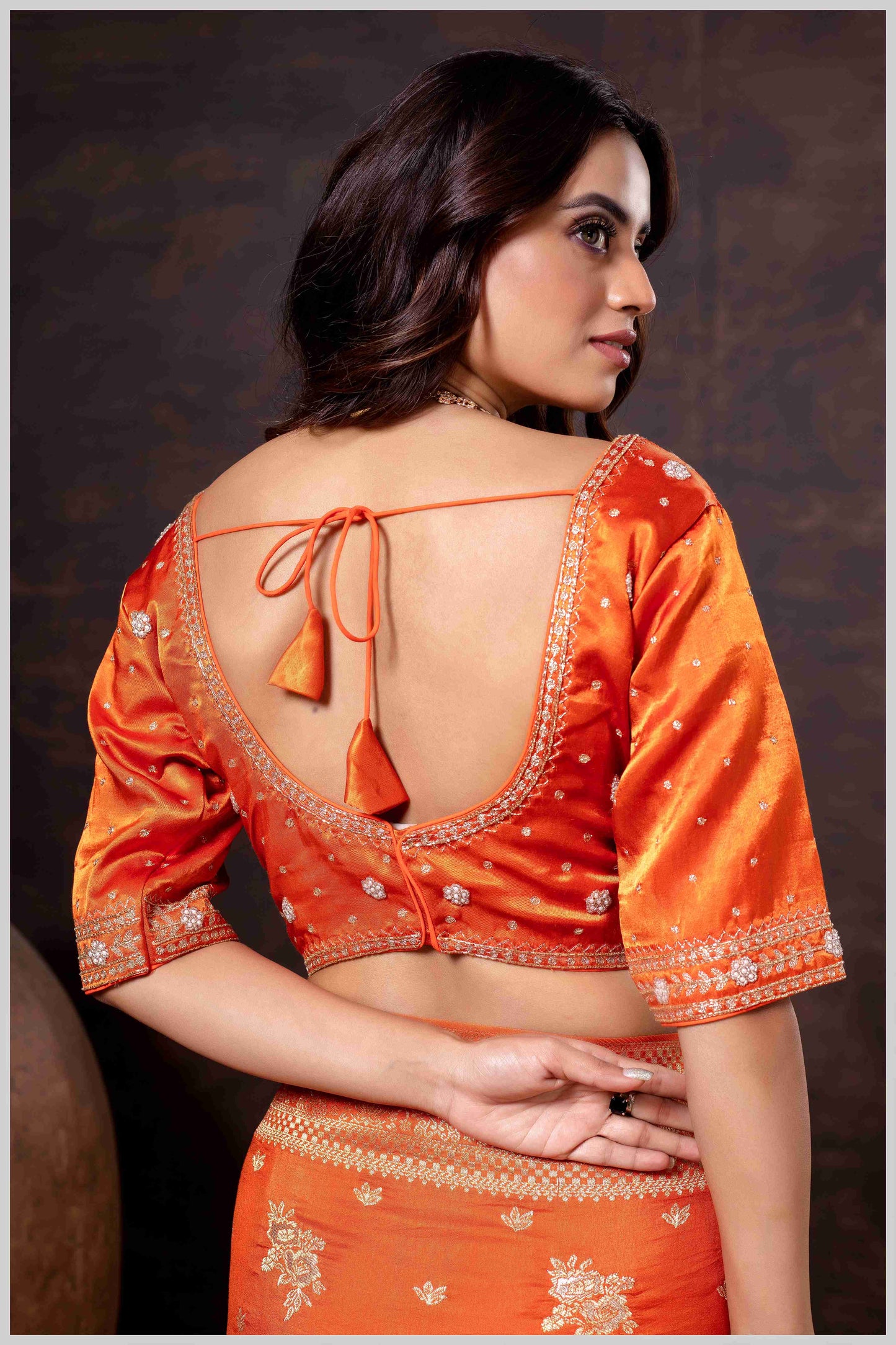 Regal Rust Orange Zari Woven Silk Saree with Stitched Designer Blouse.