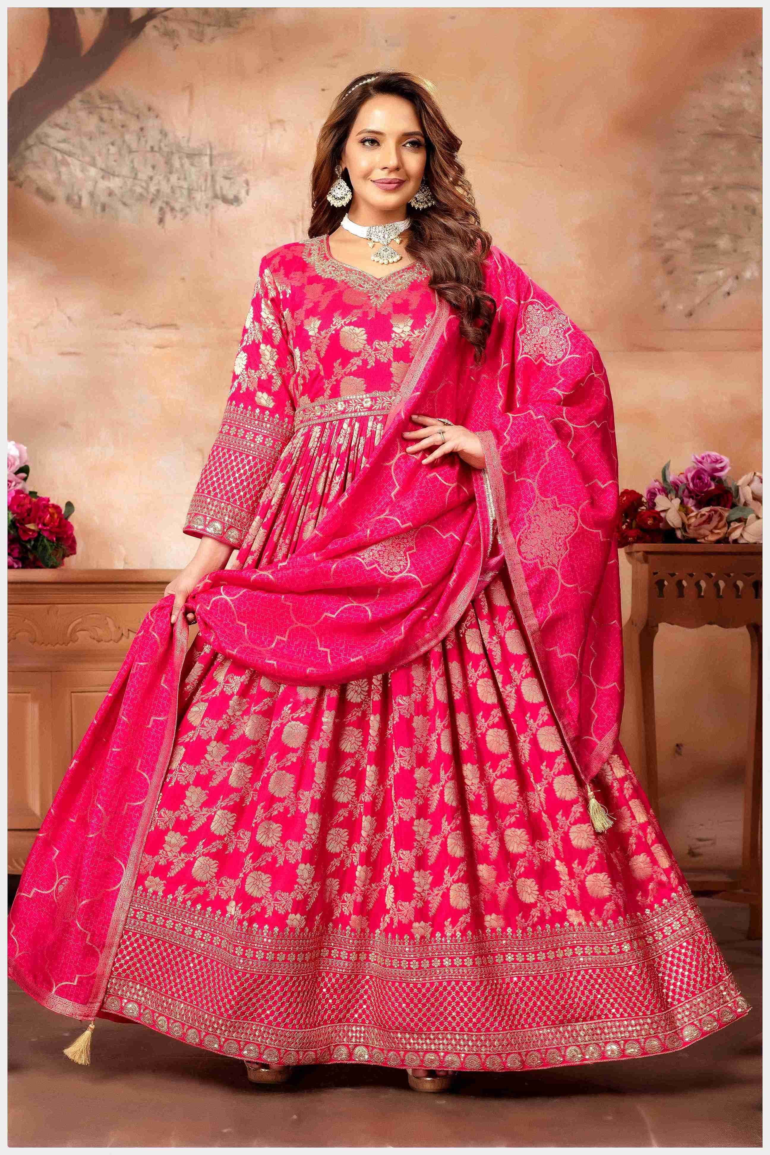 Peach Banarasi-Style Anarkali with Elegant Dupatta