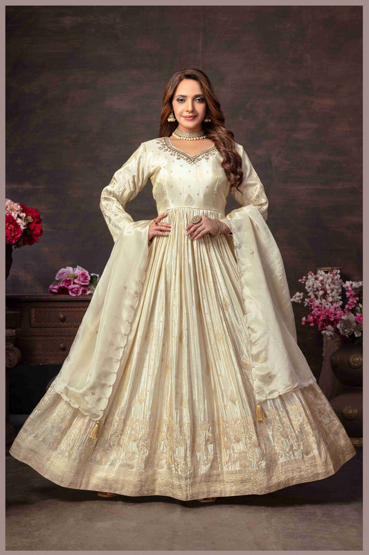 Off White Anarkali with Zari Floral Dupatta