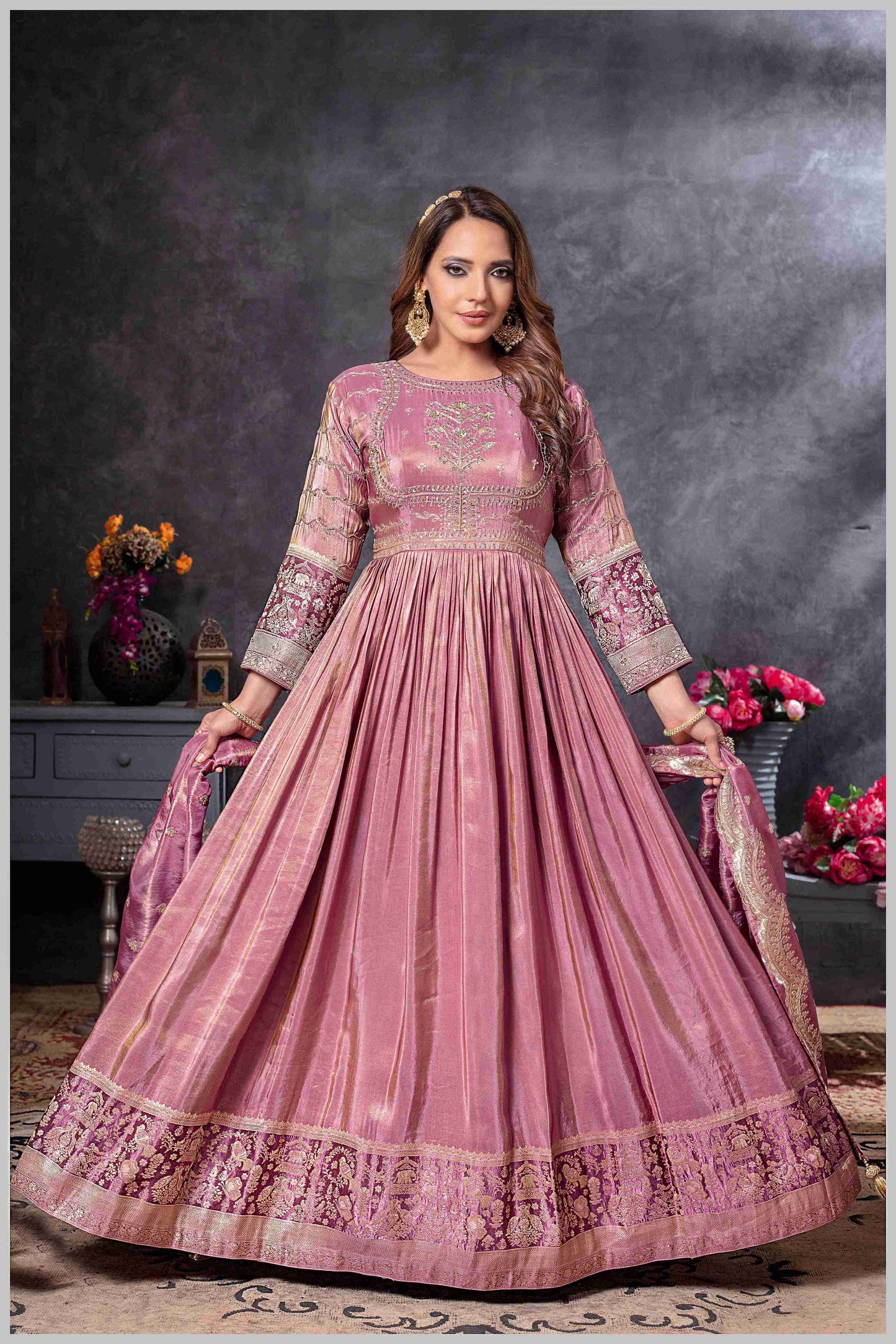 Mauve Anarkali Gown with Zari Embroidered Dupatta
