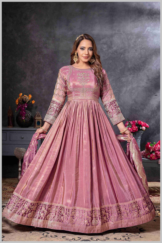 Mauve Anarkali Gown with Zari Embroidered Dupatta