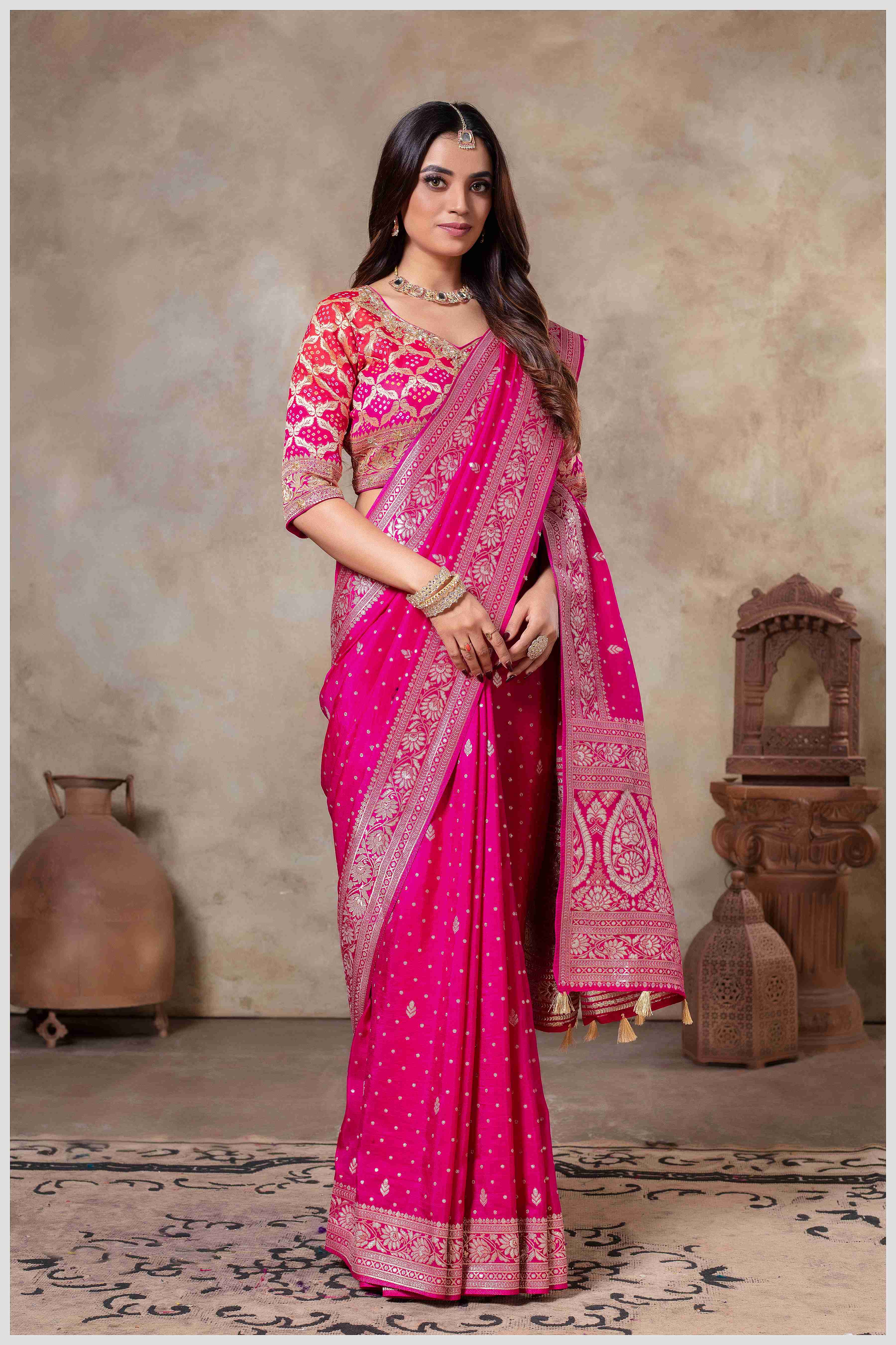 Royal Radiance: Pink Banarasi Saree with Silver Zari Detailing