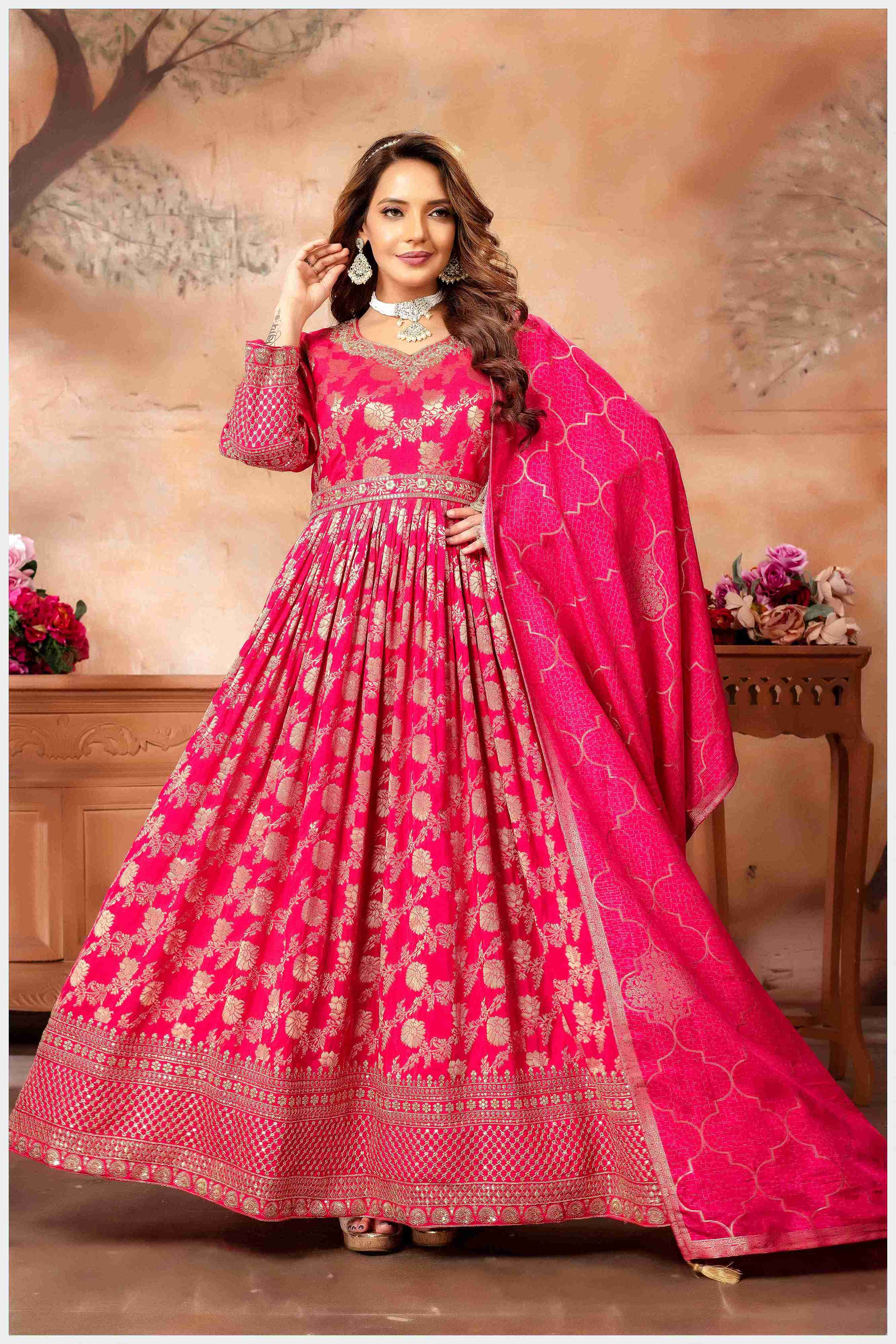 Peach Banarasi-Style Anarkali with Elegant Dupatta