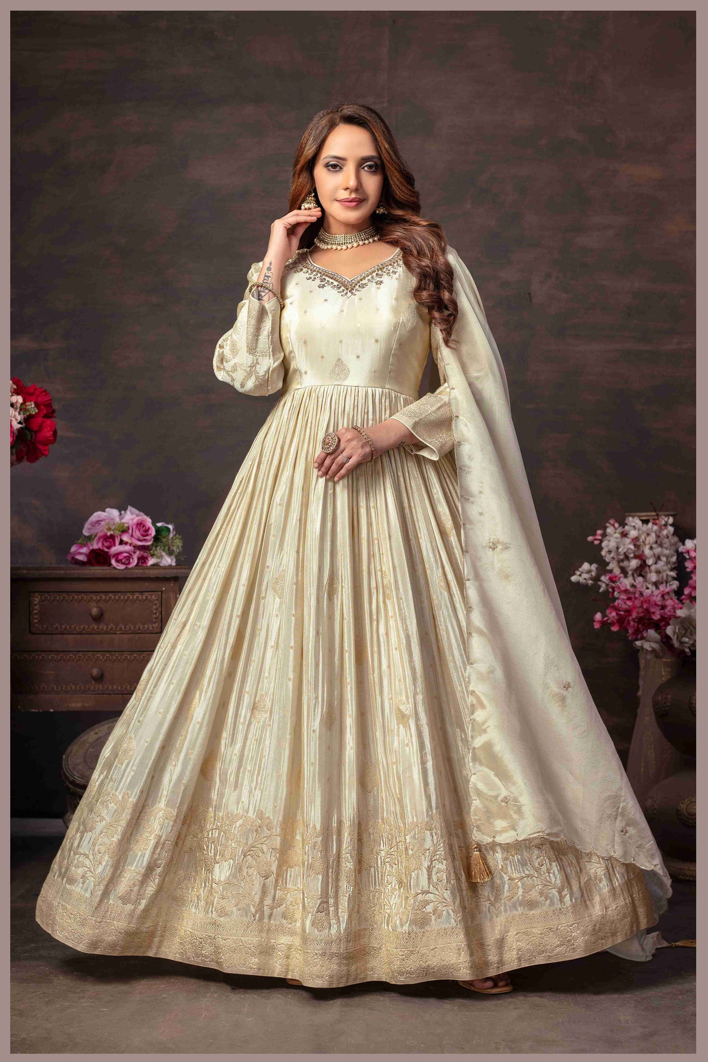 Off White Anarkali with Zari Floral Dupatta