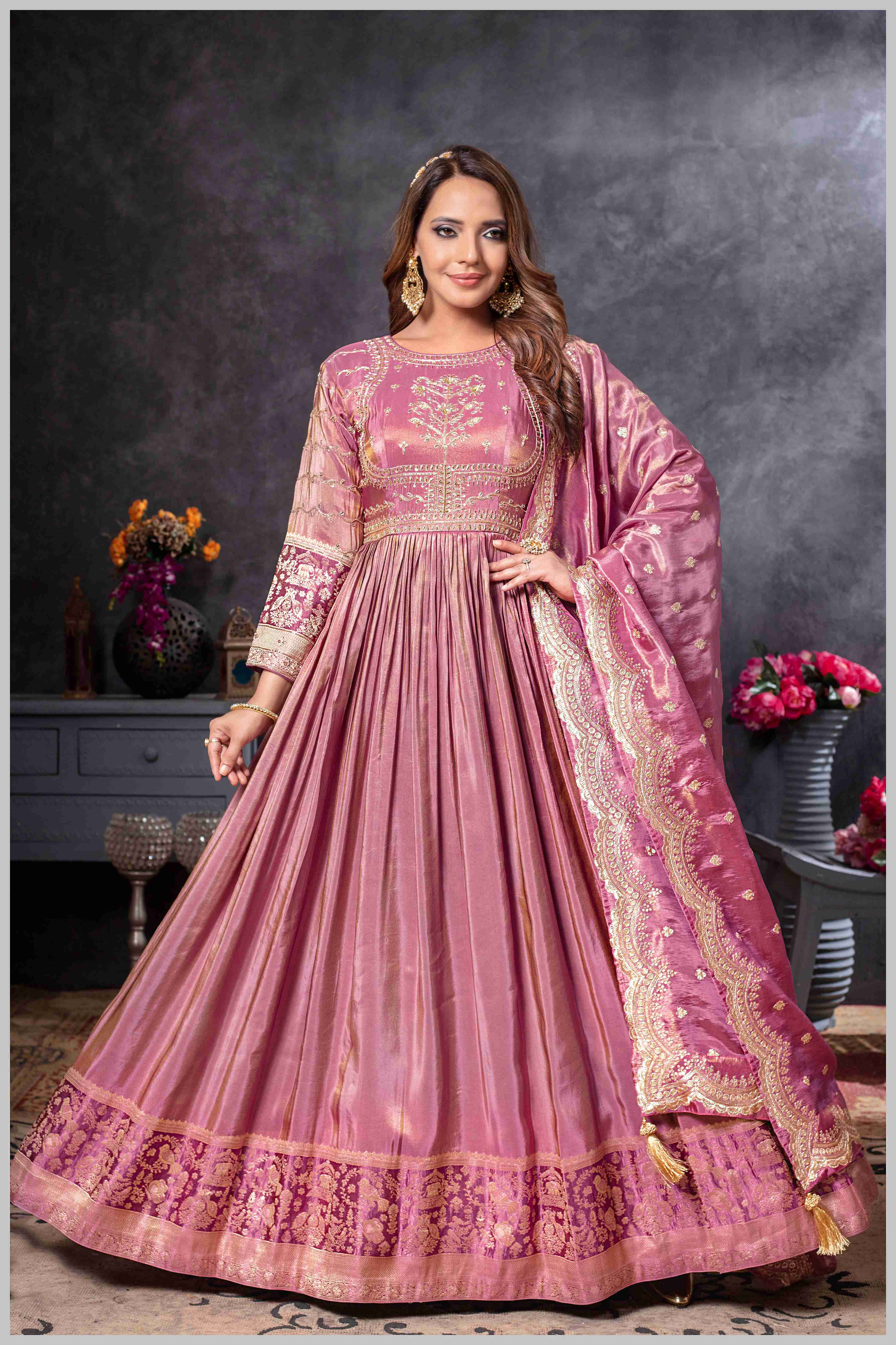 Mauve Anarkali Gown with Zari Embroidered Dupatta