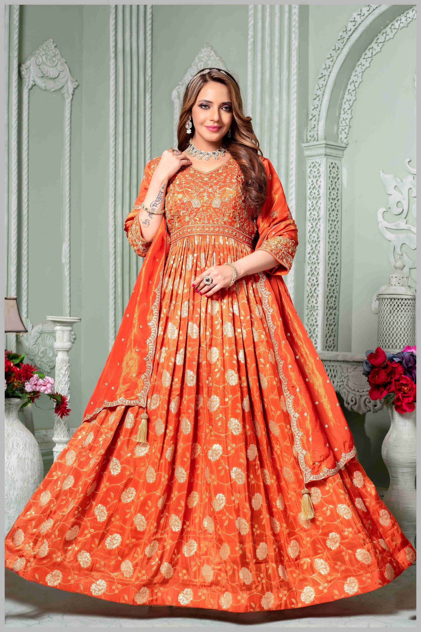 Embroidered Tissue Silk Anarkali Gown