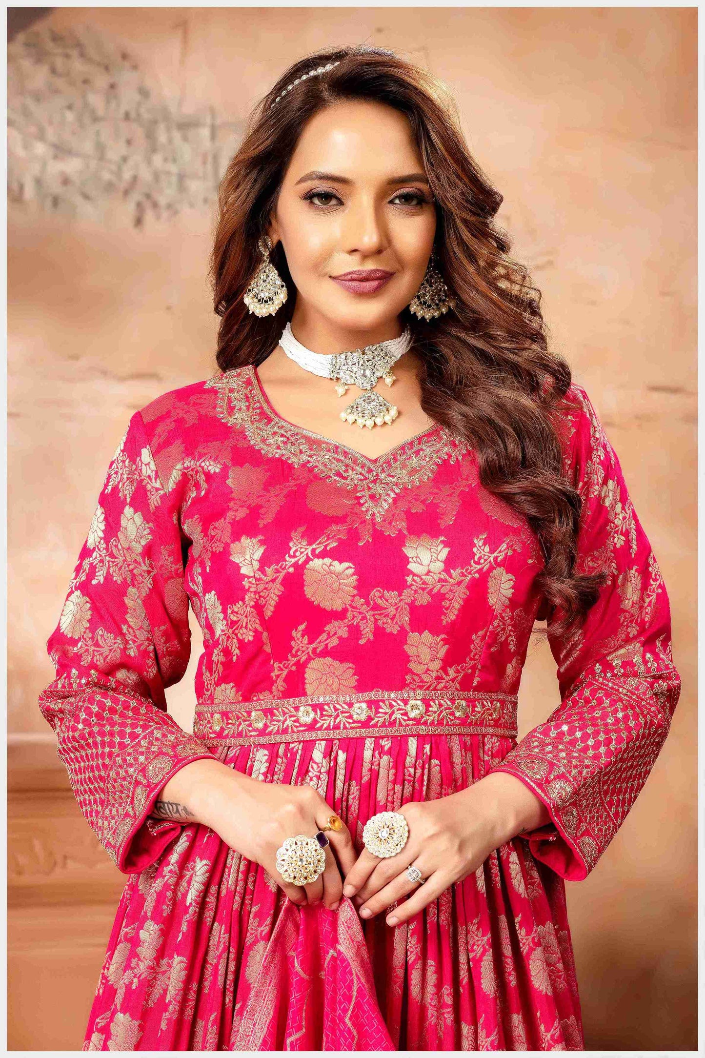 Peach Banarasi-Style Anarkali with Elegant Dupatta