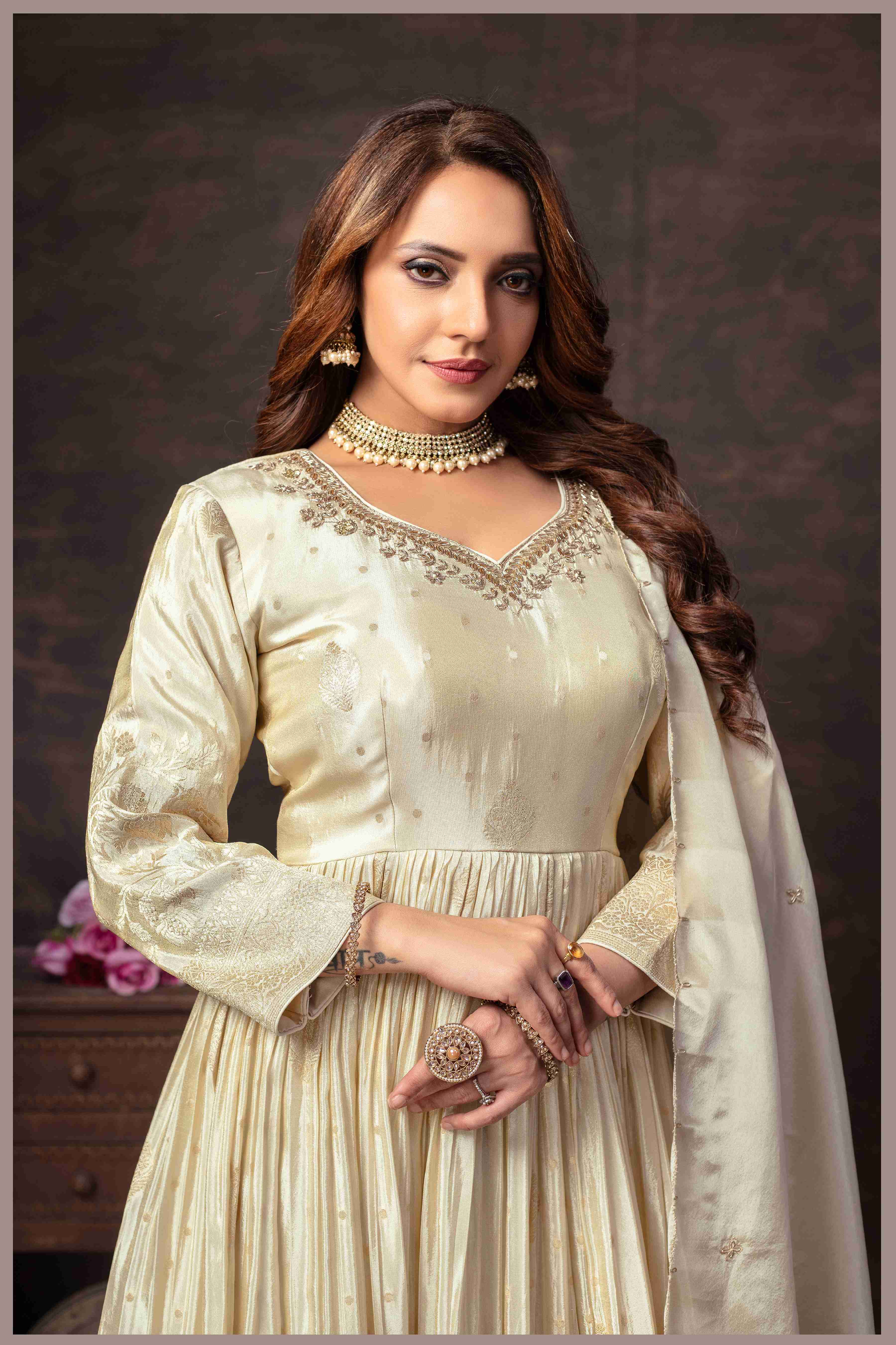 Off White Anarkali with Zari Floral Dupatta