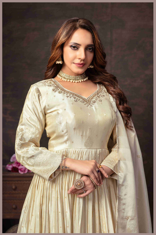 Off White Anarkali with Zari Floral Dupatta