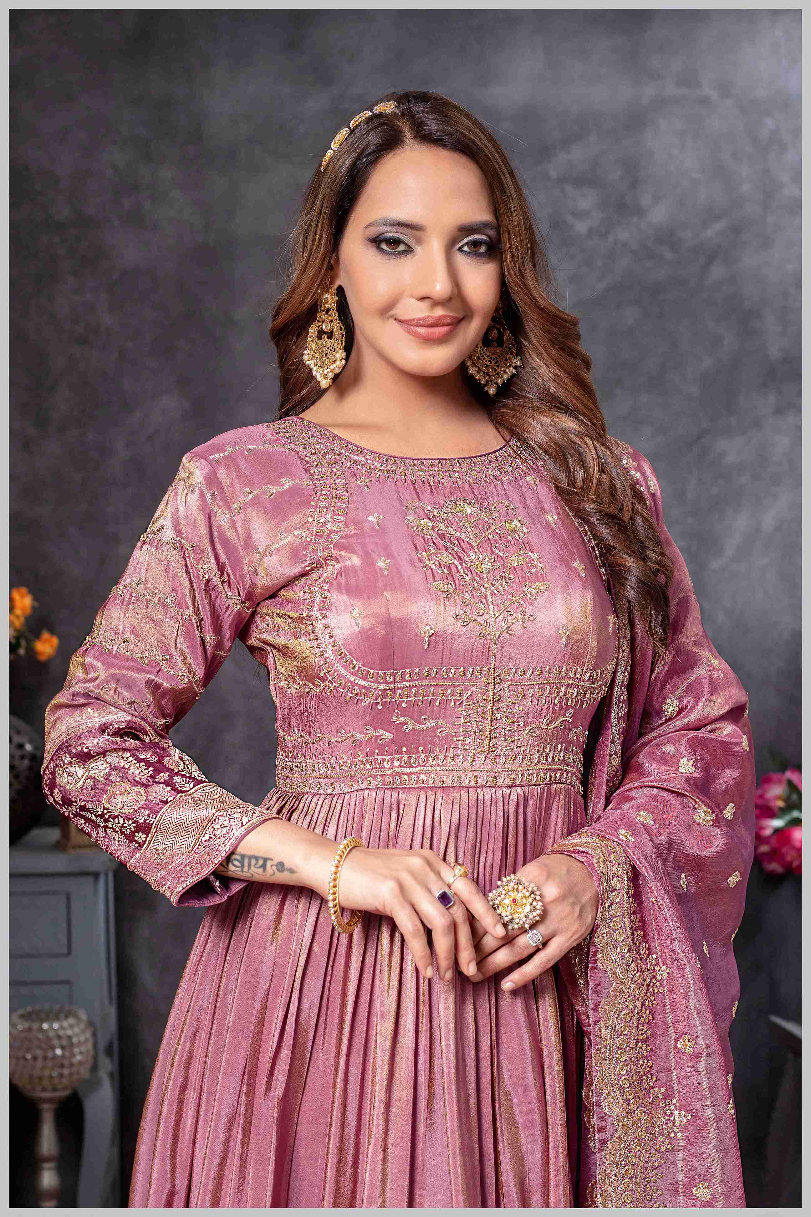 Mauve Anarkali Gown with Zari Embroidered Dupatta
