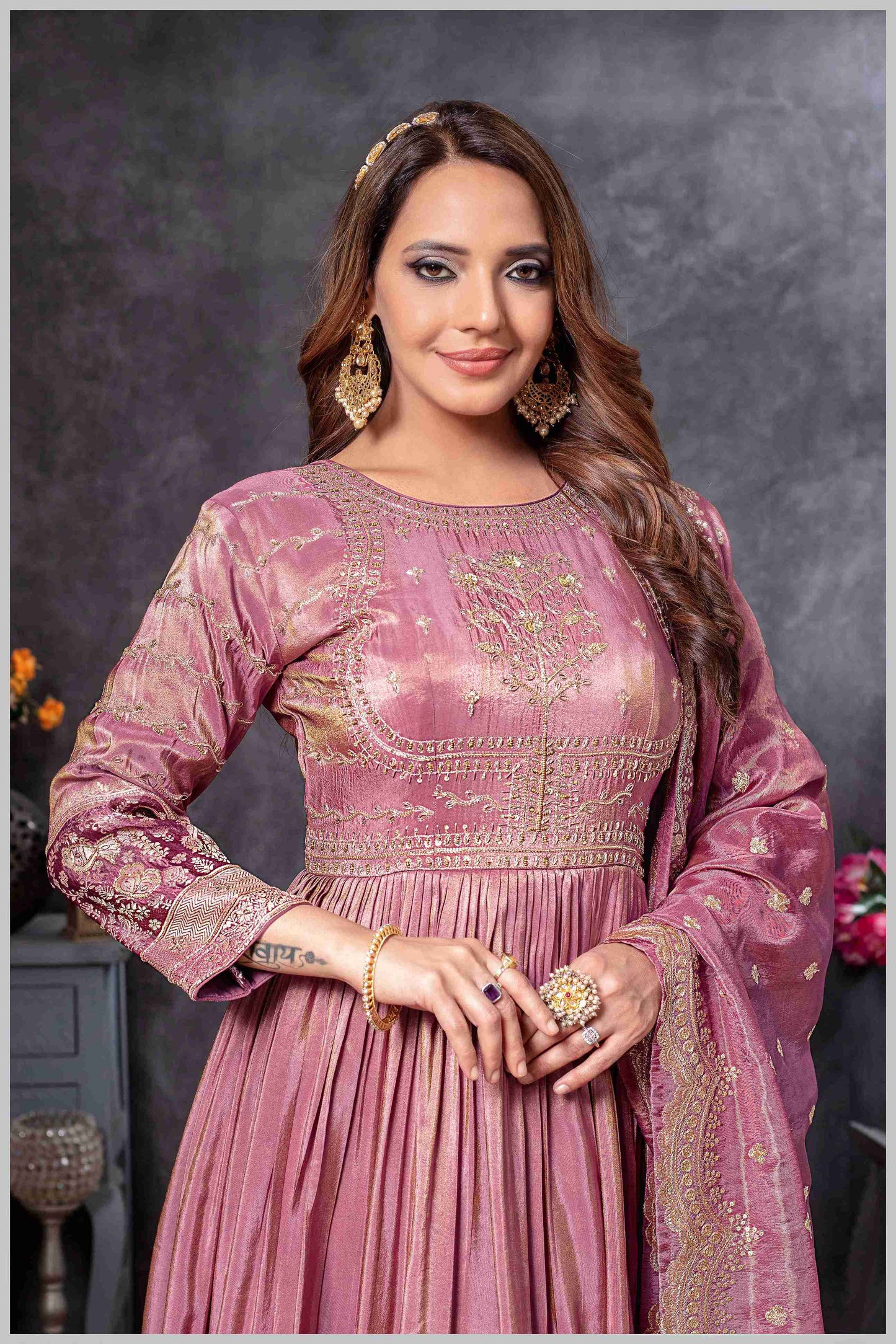 Mauve Anarkali Gown with Zari Embroidered Dupatta