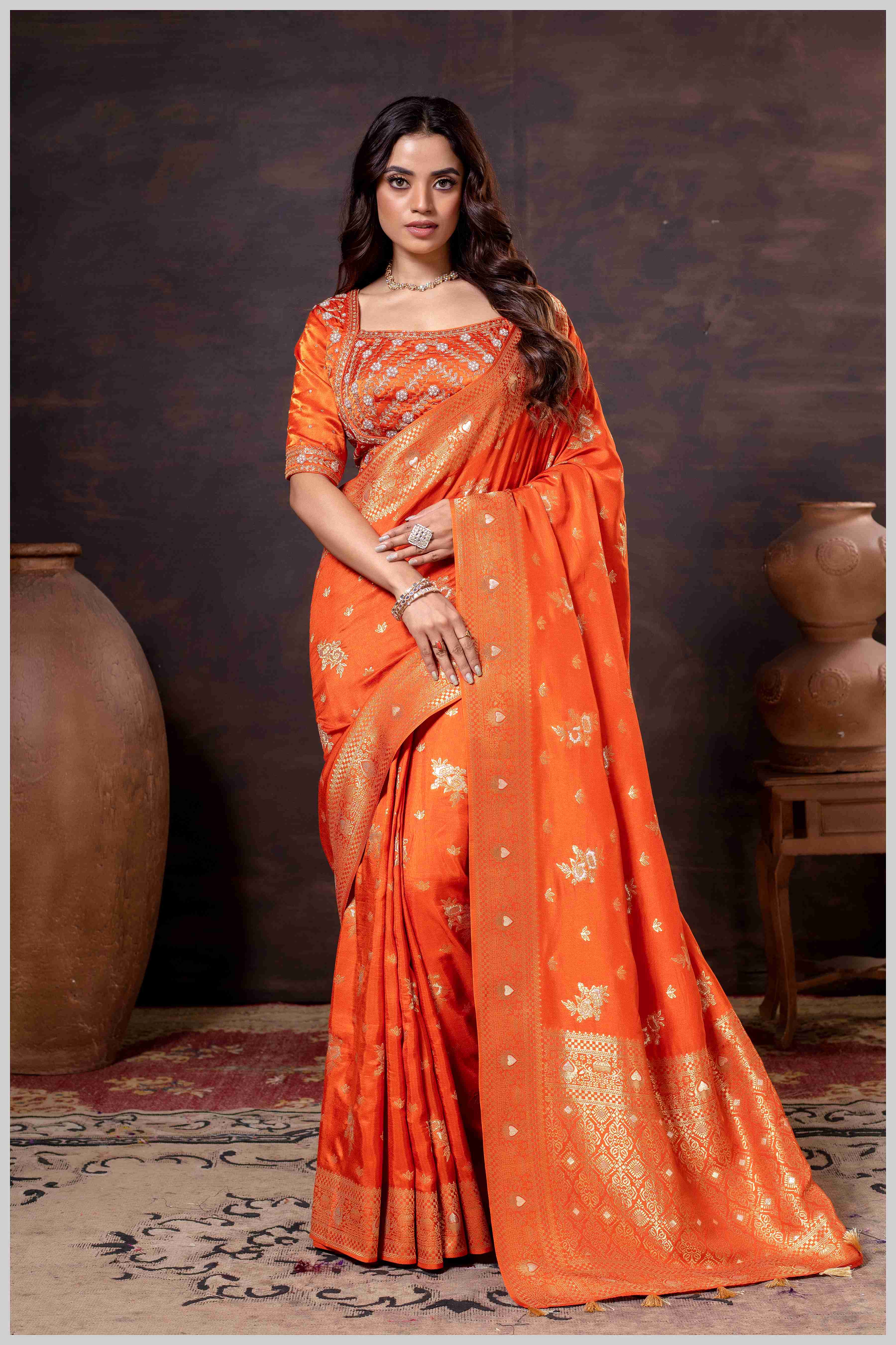 Regal Rust Orange Zari Woven Silk Saree with Stitched Designer Blouse.