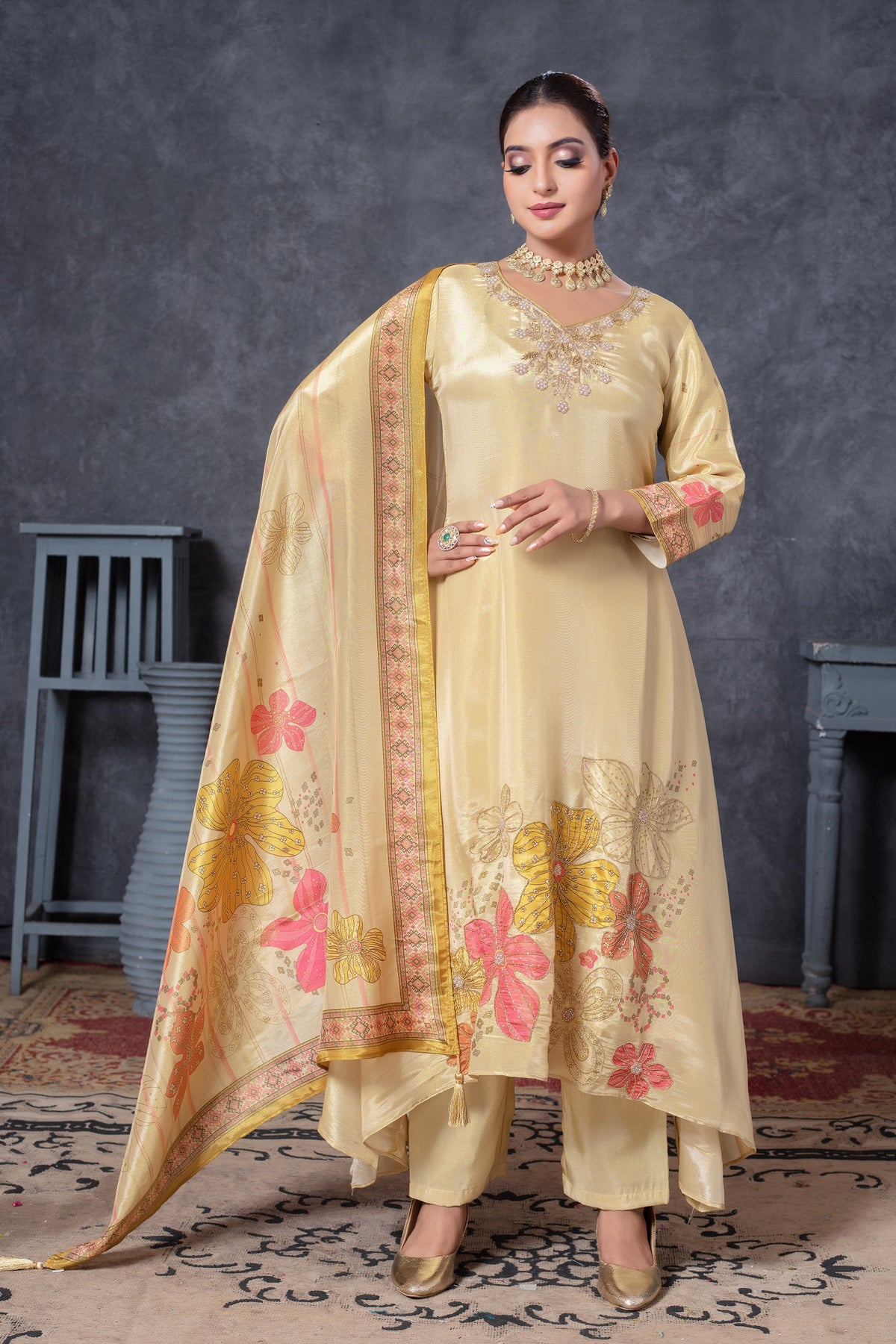 Champagne Gold Floral Embroidered Kurta Set with Printed Dupatta