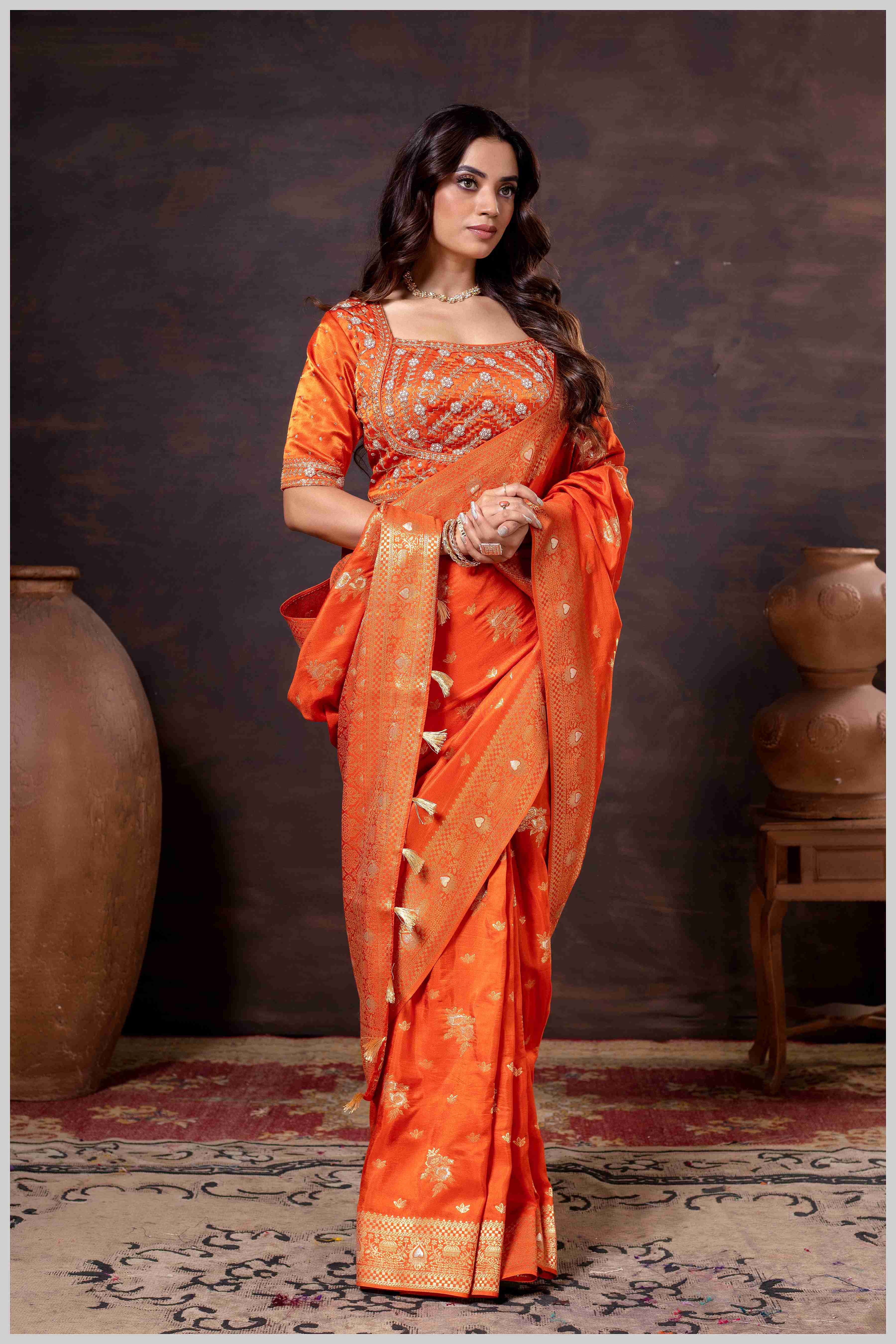 Regal Rust Orange Zari Woven Silk Saree with Stitched Designer Blouse.