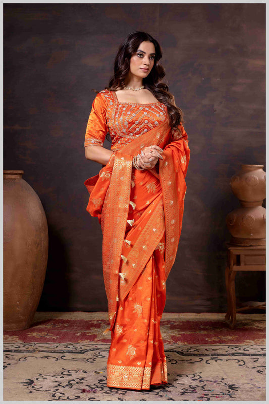 Regal Rust Orange Zari Woven Silk Saree with Stitched Designer Blouse.