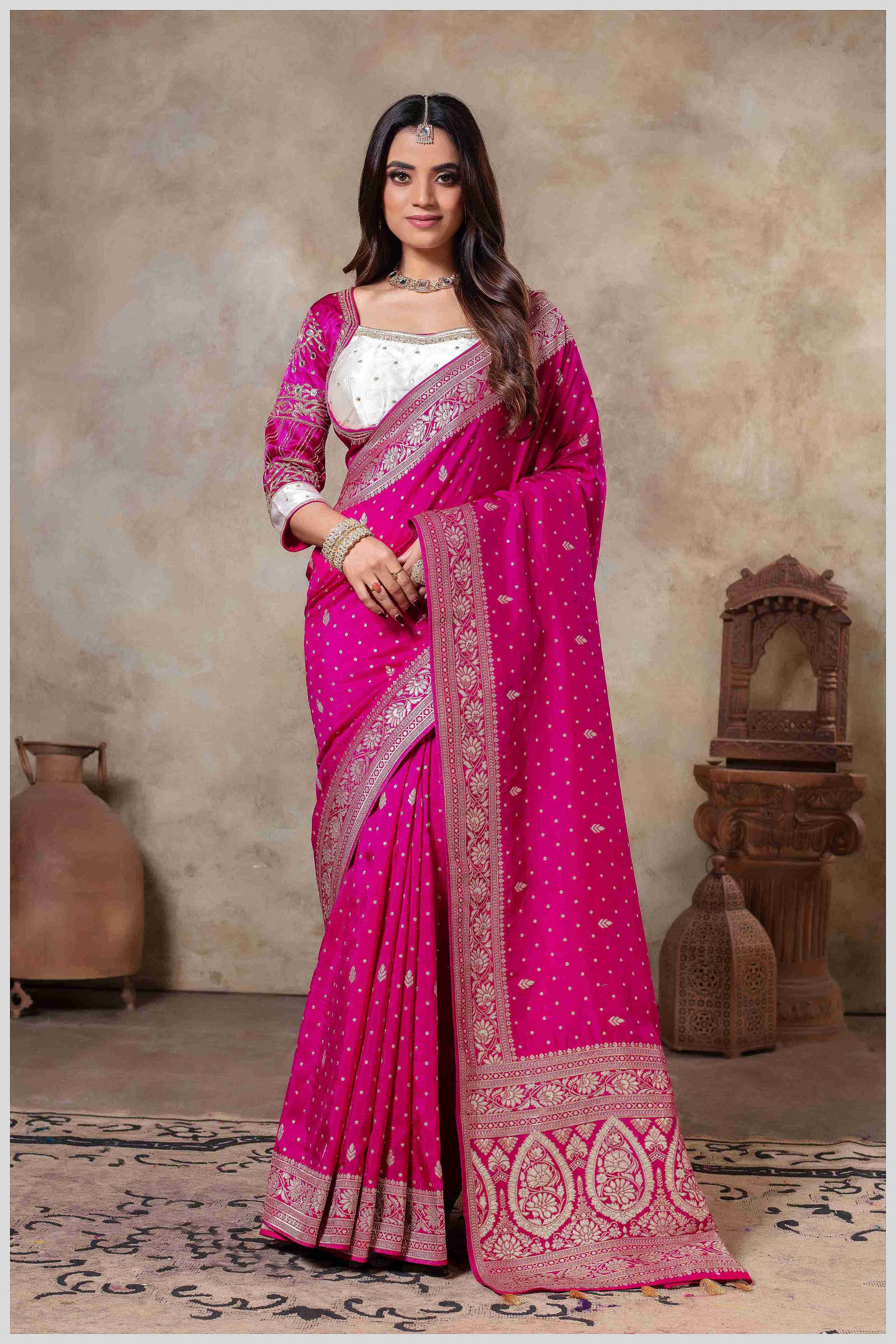 Pink Banarasi Silk Saree with Stitched Blouse