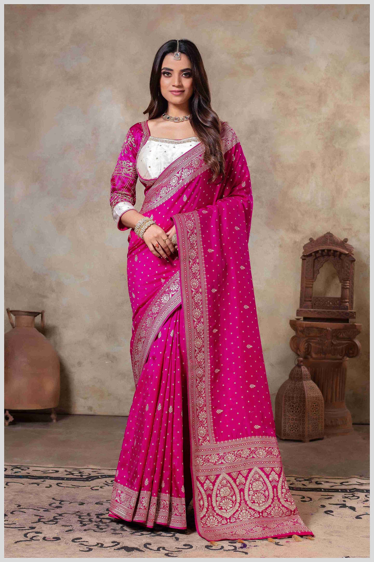 Pink Banarasi Silk Saree with Stitched Blouse