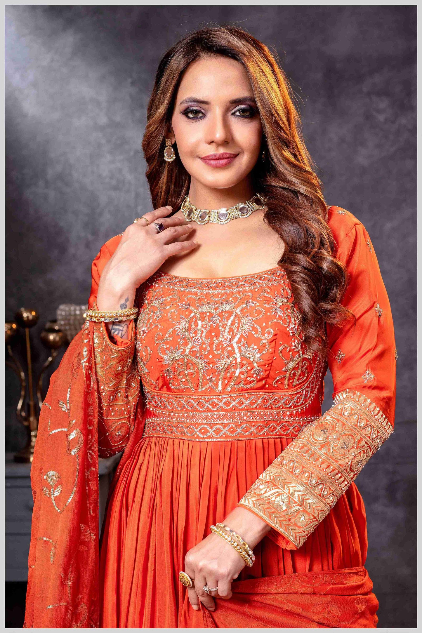 Rust Chinon/Daman Gazi Anarkali Gown with Hand Embroidery