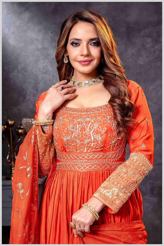 Rust Chinon/Daman Gazi Anarkali Gown with Hand Embroidery
