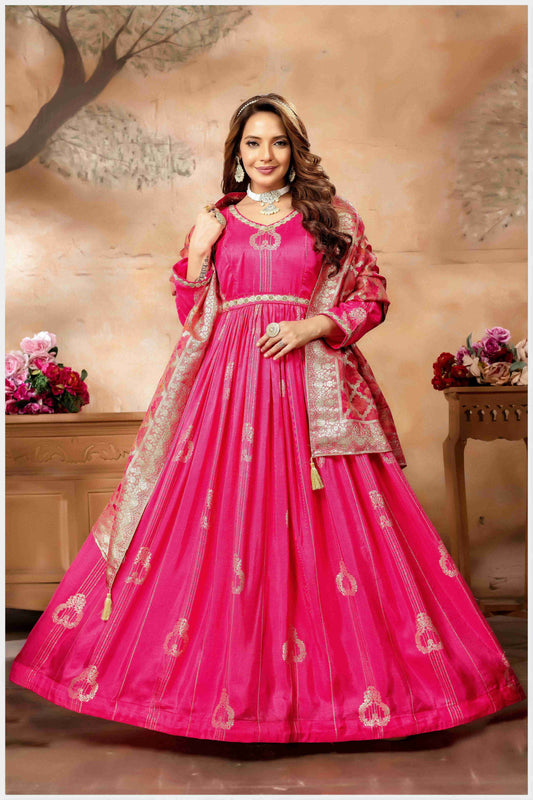 Pink Anarkali with Gold Weave Dupatta