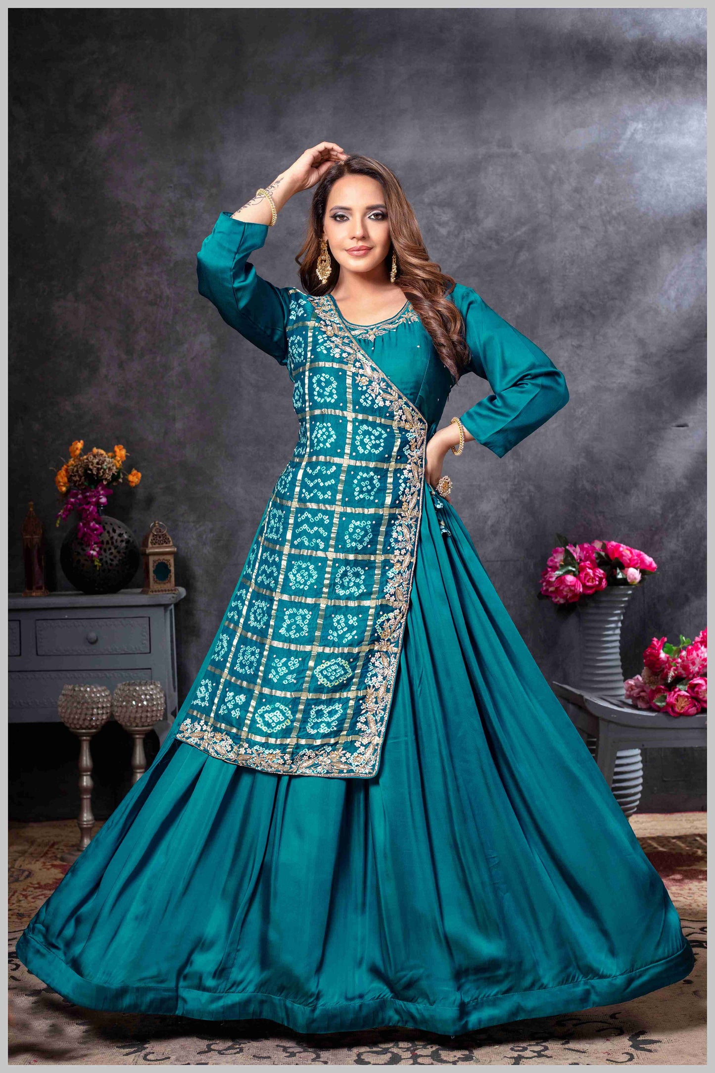 Teal Blue Gown with Embroidered Banarasi Jacket