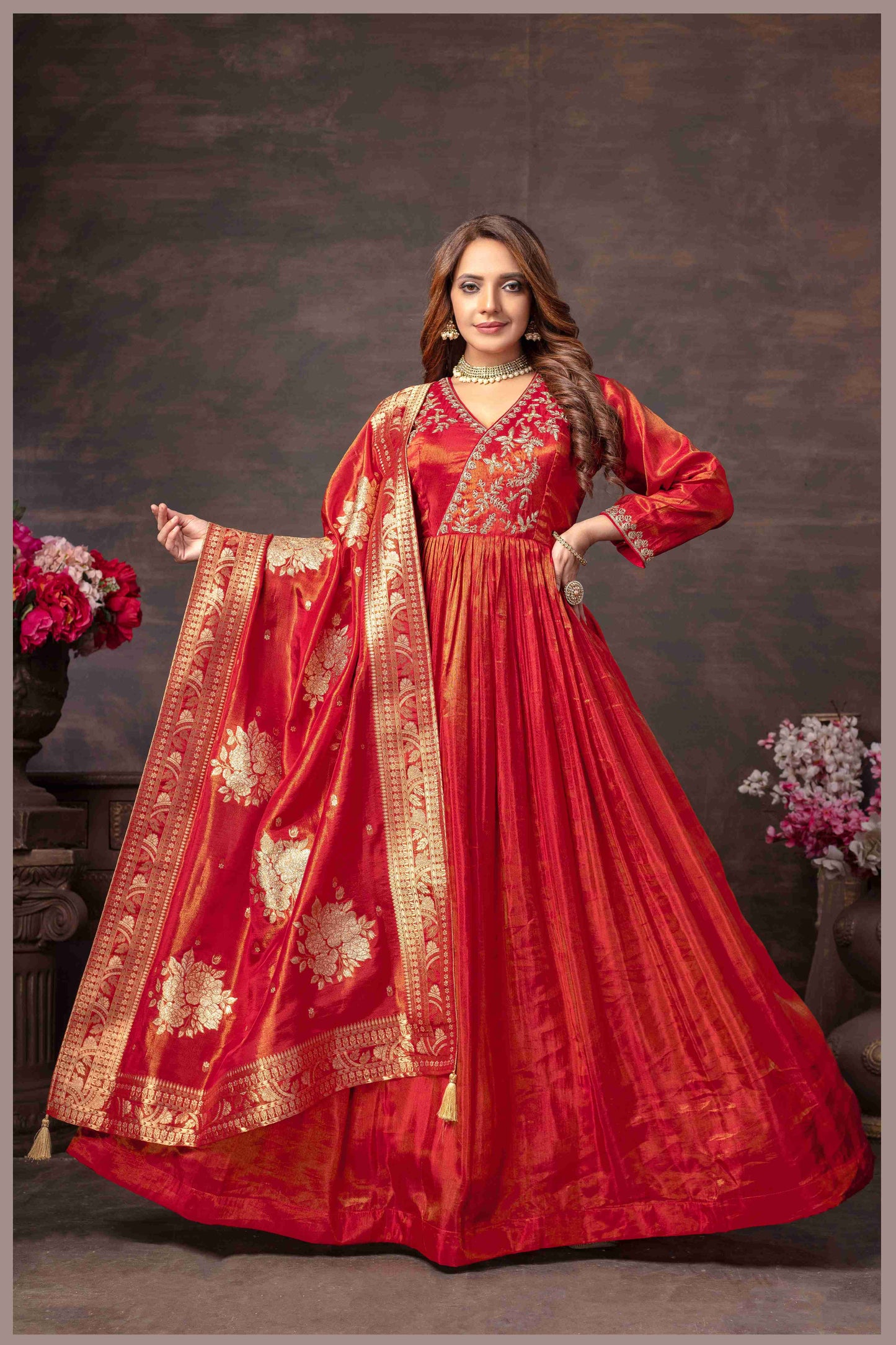 Rust Red Tissue Silk Anarkali Gown with Banarasi Dupatta