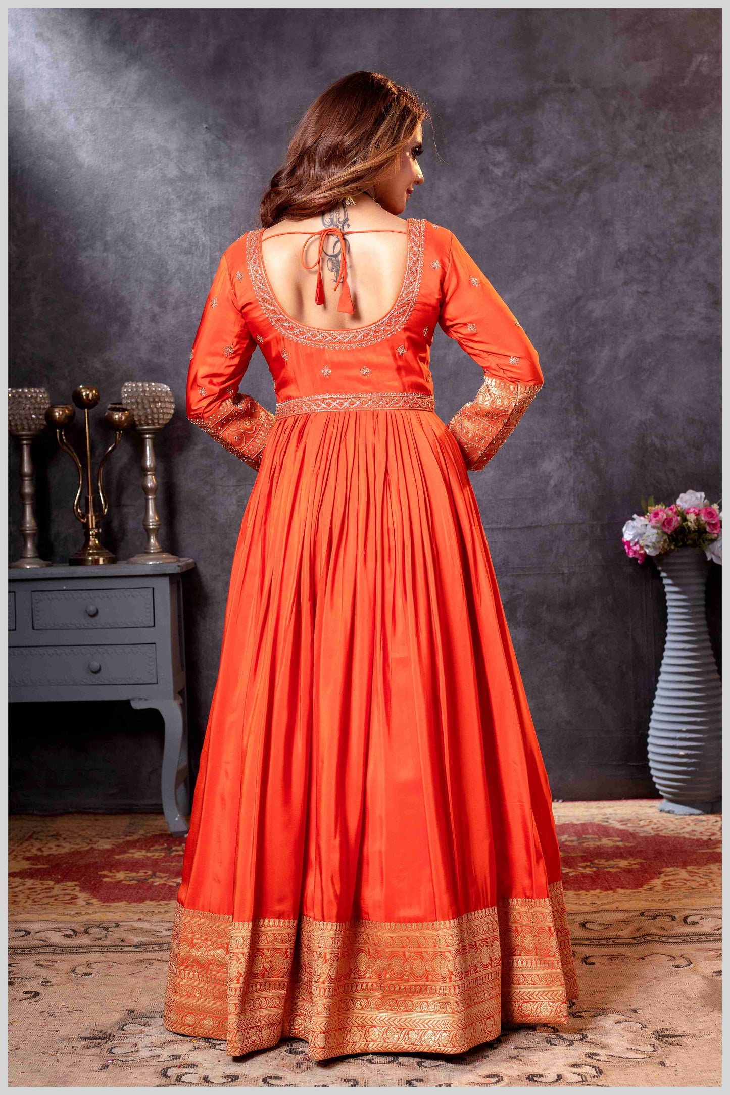 Rust Chinon/Daman Gazi Anarkali Gown with Hand Embroidery