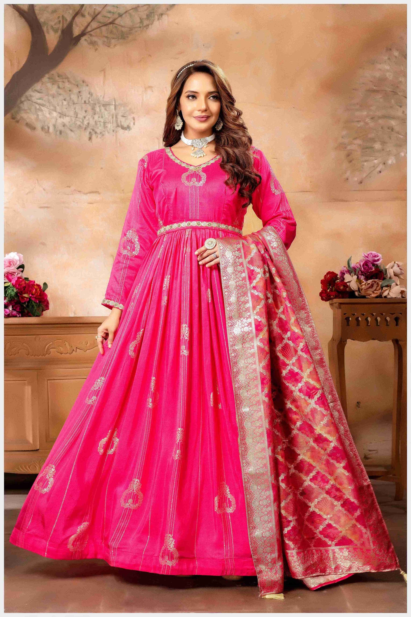 Pink Anarkali with Gold Weave Dupatta