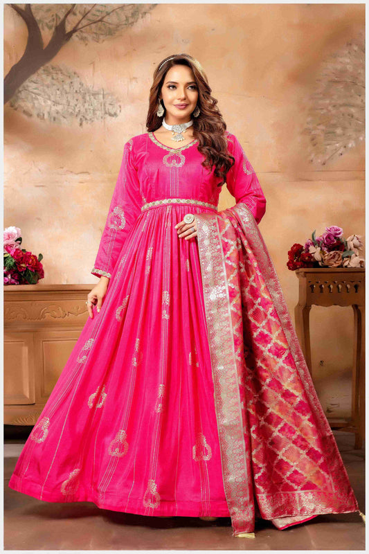Pink Anarkali with Gold Weave Dupatta