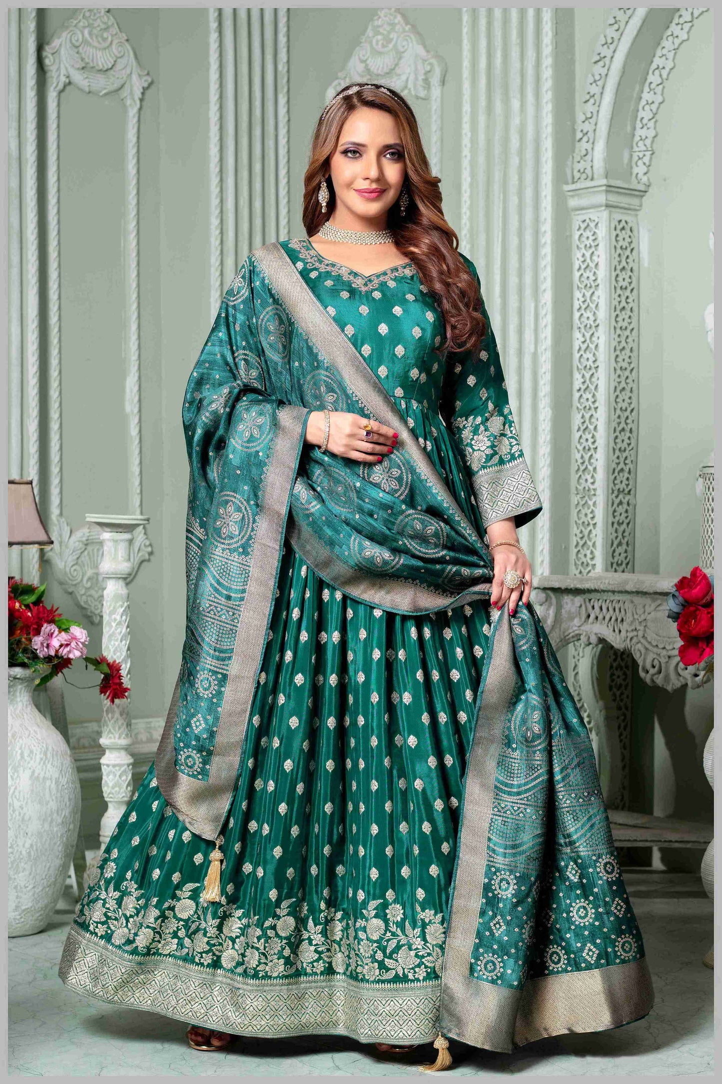 Bottle Green Anarkali with Antique Gold Brocade Dupatta
