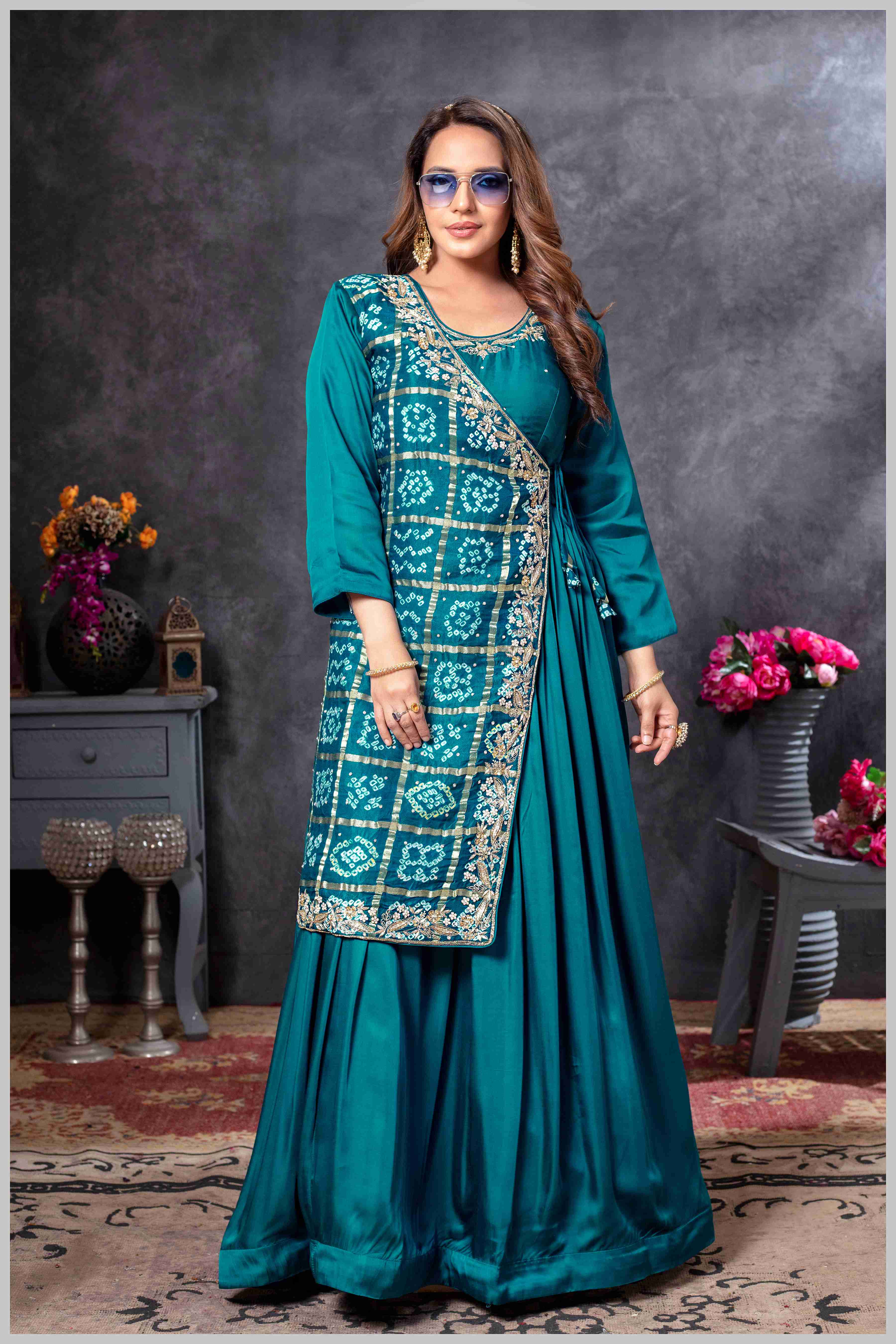Teal Blue Gown with Embroidered Banarasi Jacket