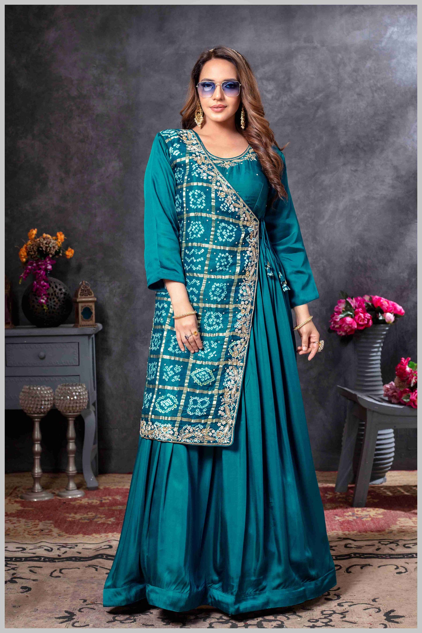 Teal Blue Gown with Embroidered Banarasi Jacket