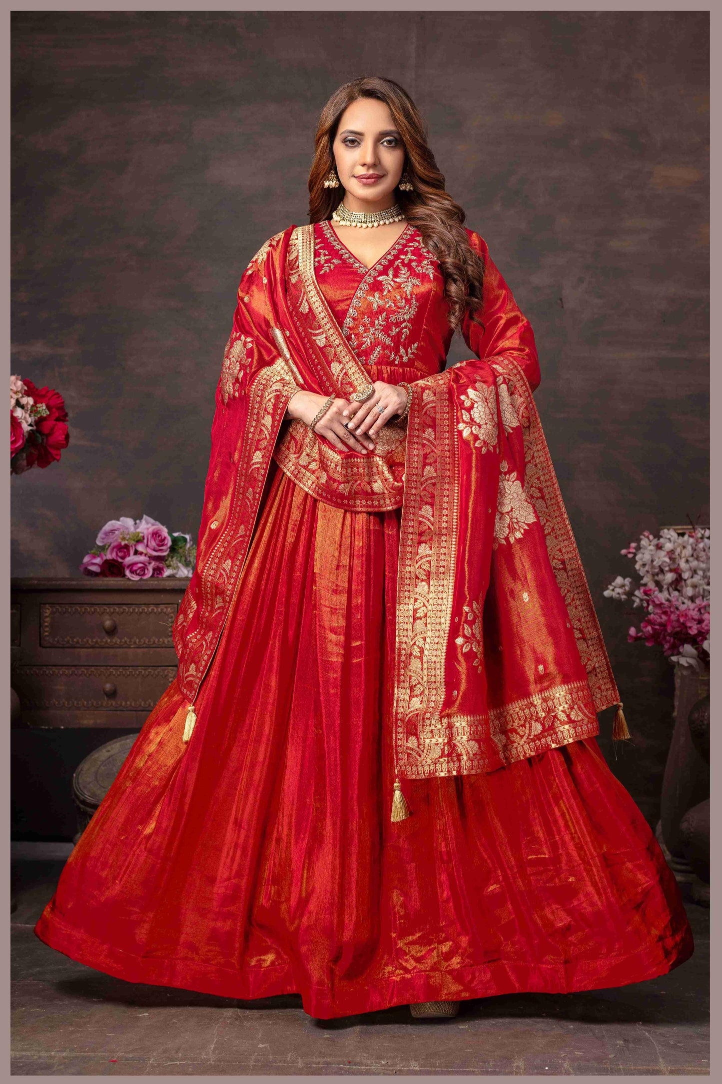 Rust Red Tissue Silk Anarkali Gown with Banarasi Dupatta
