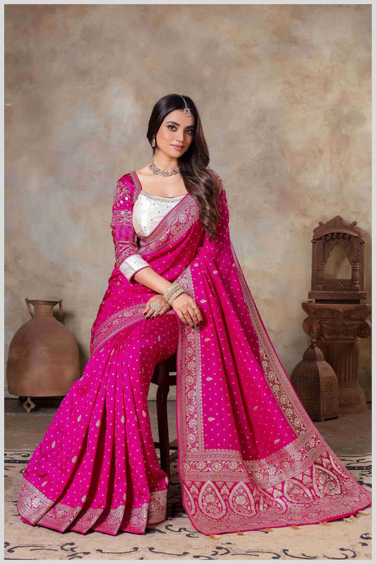Pink Banarasi Silk Saree with Stitched Blouse